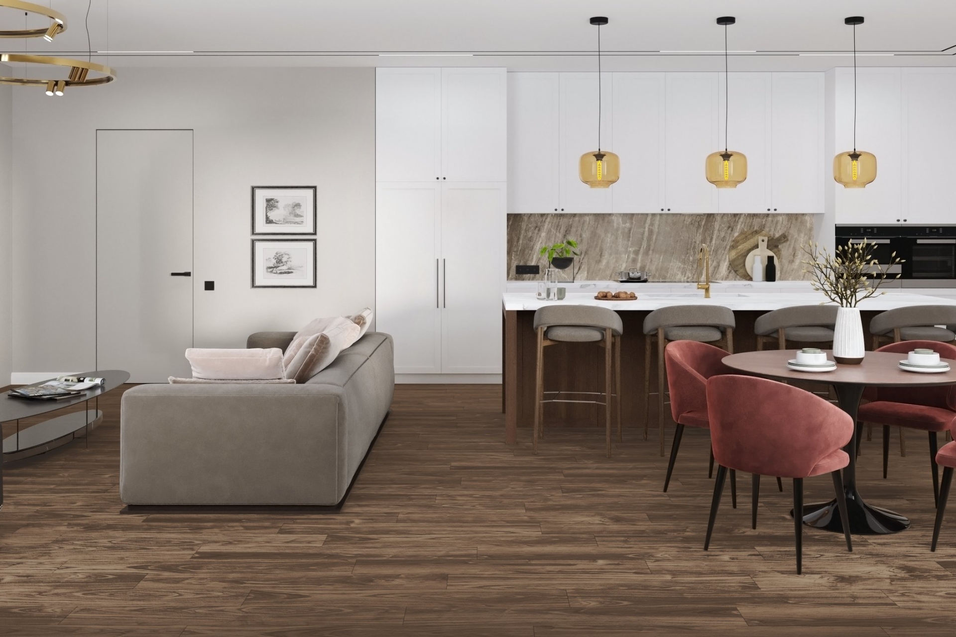 Кварцвиниловый SPC ламинат Damy Floor Family Орех Американский 0036-3 1220×180×4 фото в интерьере