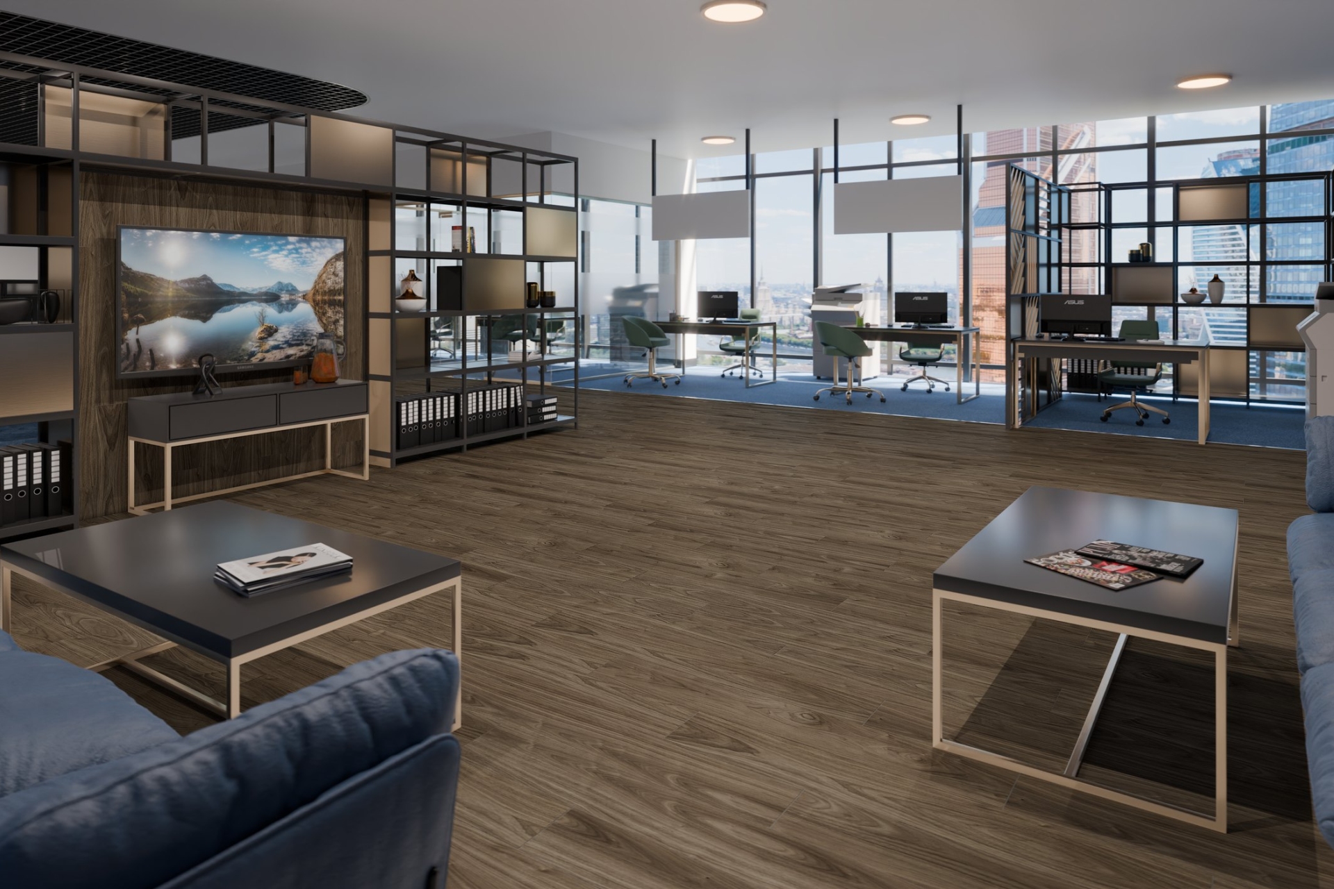 Кварцвиниловый SPC ламинат Damy Floor Family Орех Американский 0036-3 1220×180×4 фото в интерьере