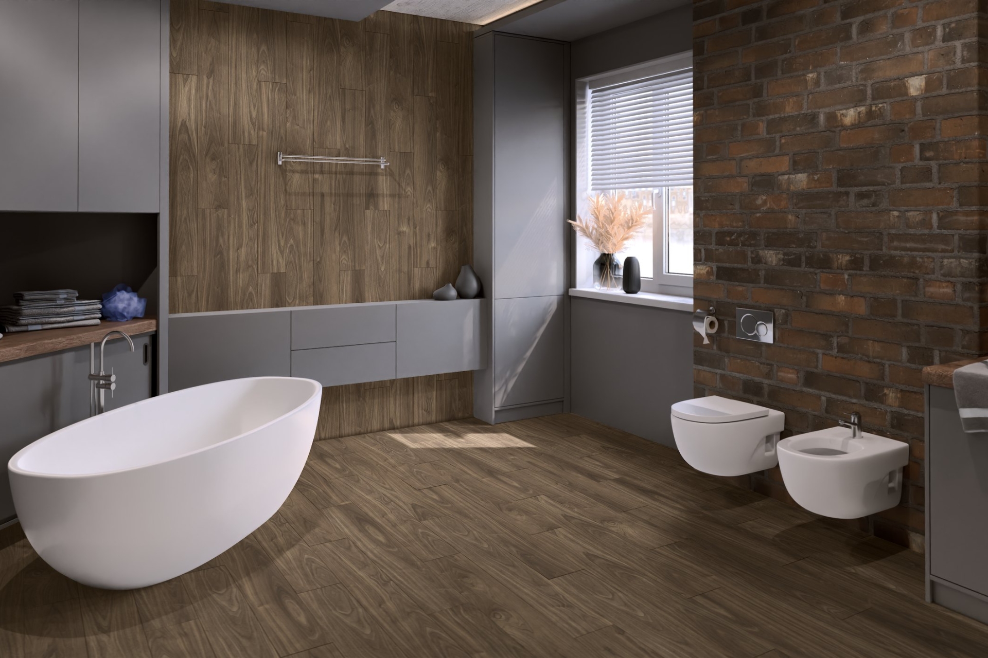 Кварцвиниловый SPC ламинат Damy Floor Family Орех Американский 0036-3 1220×180×4 фото в интерьере
