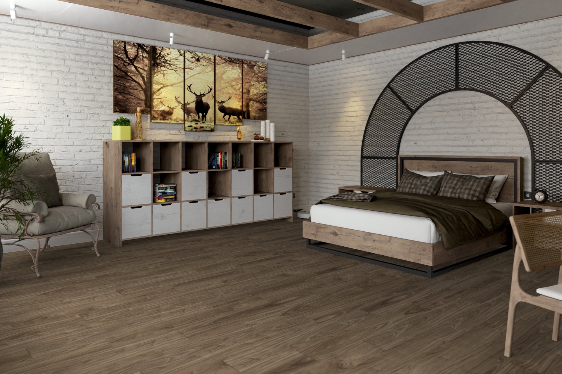 Кварцвиниловый SPC ламинат Damy Floor Family Орех Американский 0036-3 1220×180×4 фото в интерьере