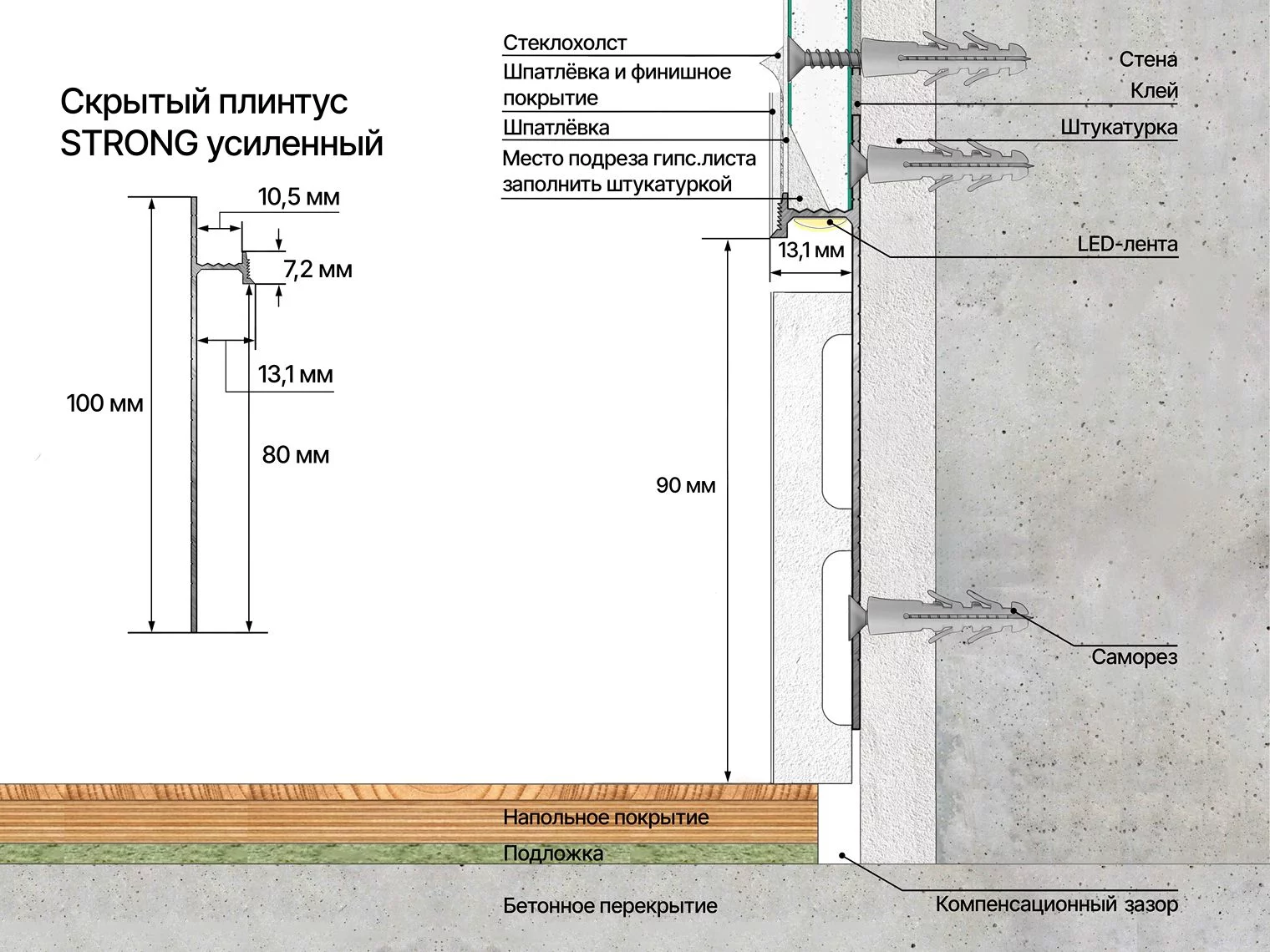 Плинтус алюминиевый скрытый с подсветкой Laconistiq Strong Черный RAL 9005 42-21-300 матовый 3000×80×13,1 Плинтус алюминиевый скрытый с подсветкой Laconistiq Strong Черный RAL 9005 42-21-300 матовый 3000×80×13,1