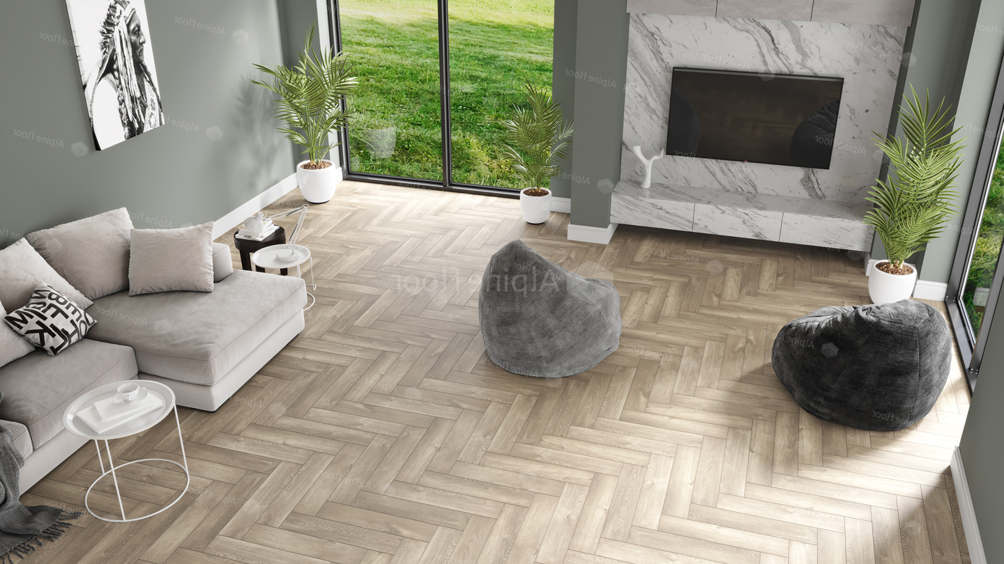 Кварцвиниловый SPC ламинат Alpine Floor Parquet Premium Дуб Натуральный отбеленный ECO 19-5 венгерская елка 600×125×8 фото в интерьере
