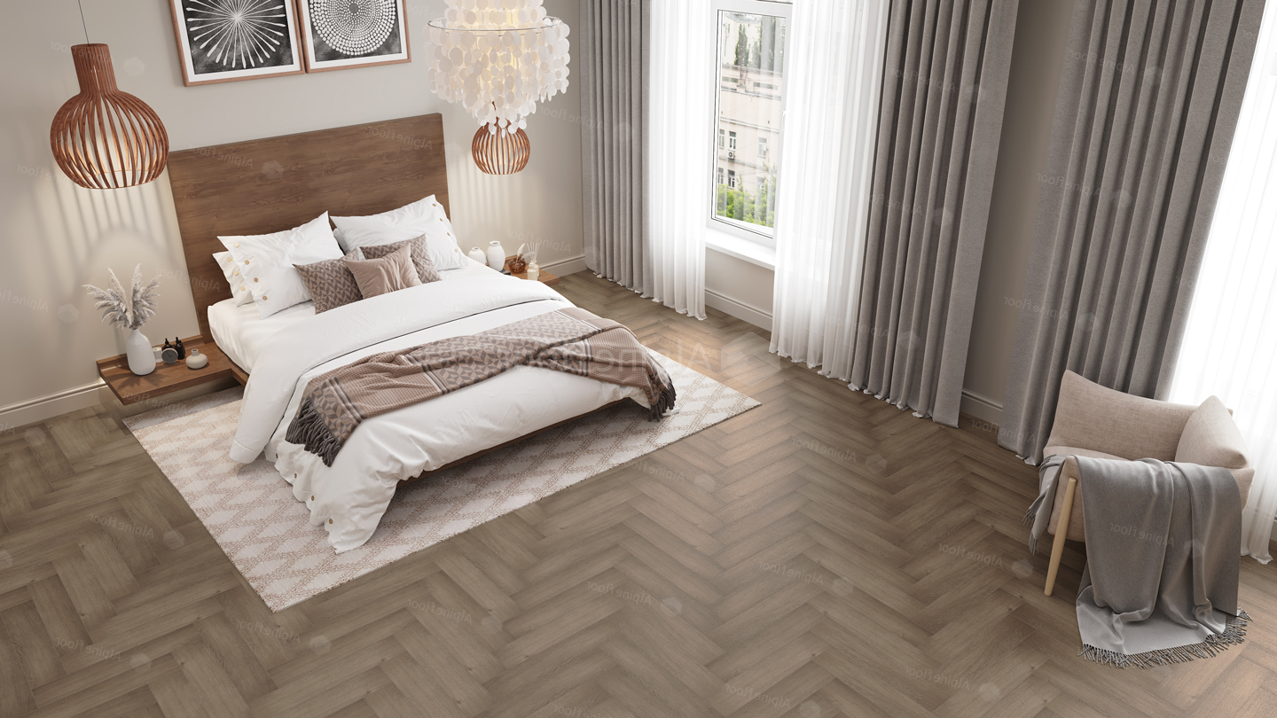 Кварцвиниловый SPC ламинат Alpine Floor Parquet Premium Дуб Насыщенный ECO 19-7 венгерская елка 600×125×8 фото в интерьере