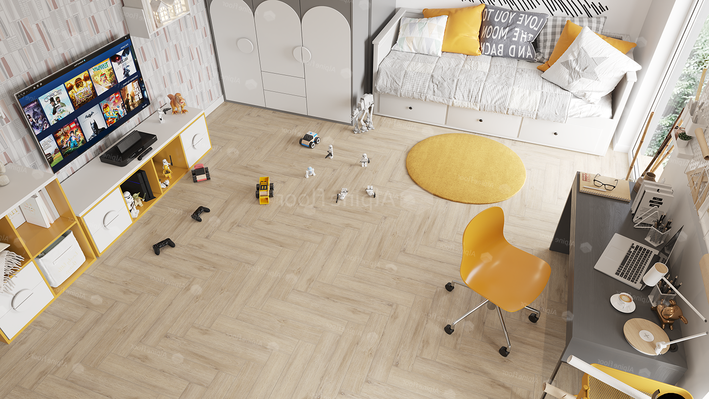 Кварцвиниловый SPC ламинат Alpine Floor Parquet Premium Дуб Дуб Медия ECO 19-20 венгерская елка 600×125×8 фото в интерьере
