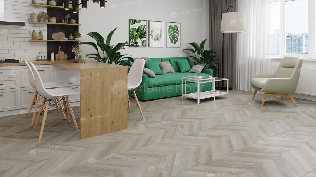 Кварцвиниловая плитка Alpine Floor клеевая Chevron Alpine LVT Дуб Фантазия Chevron ECO 20-1 французская елка 555×127×2,5 фото в интерьере