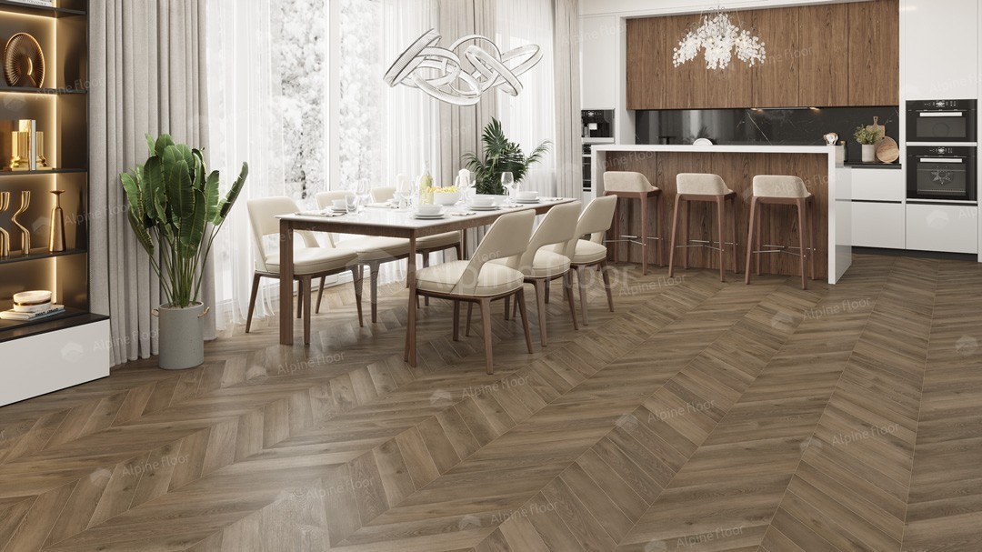 Кварцвиниловая плитка Alpine Floor клеевая Chevron Alpine LVT Дуб Насыщенный Chevron ECO 20-4 французская елка 555×127×2,5 фото в интерьере