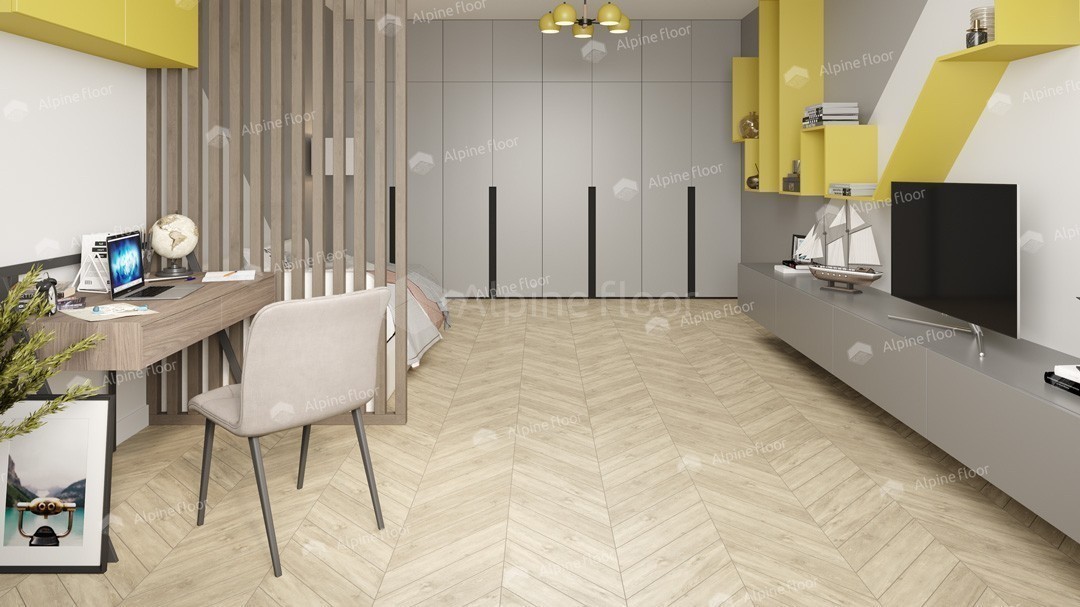 Кварцвиниловая плитка Alpine Floor клеевая Chevron Alpine LVT Сонома Chevron ECO 20-7 французская елка 555×127×2,5 фото в интерьере