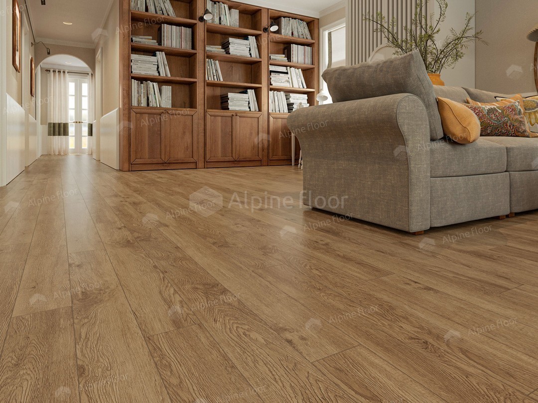 Кварцвиниловый SPC ламинат Alpine Floor Grand Sequoia Village Макадамия ECO 11-1007 1220×125×4 фото в интерьере
