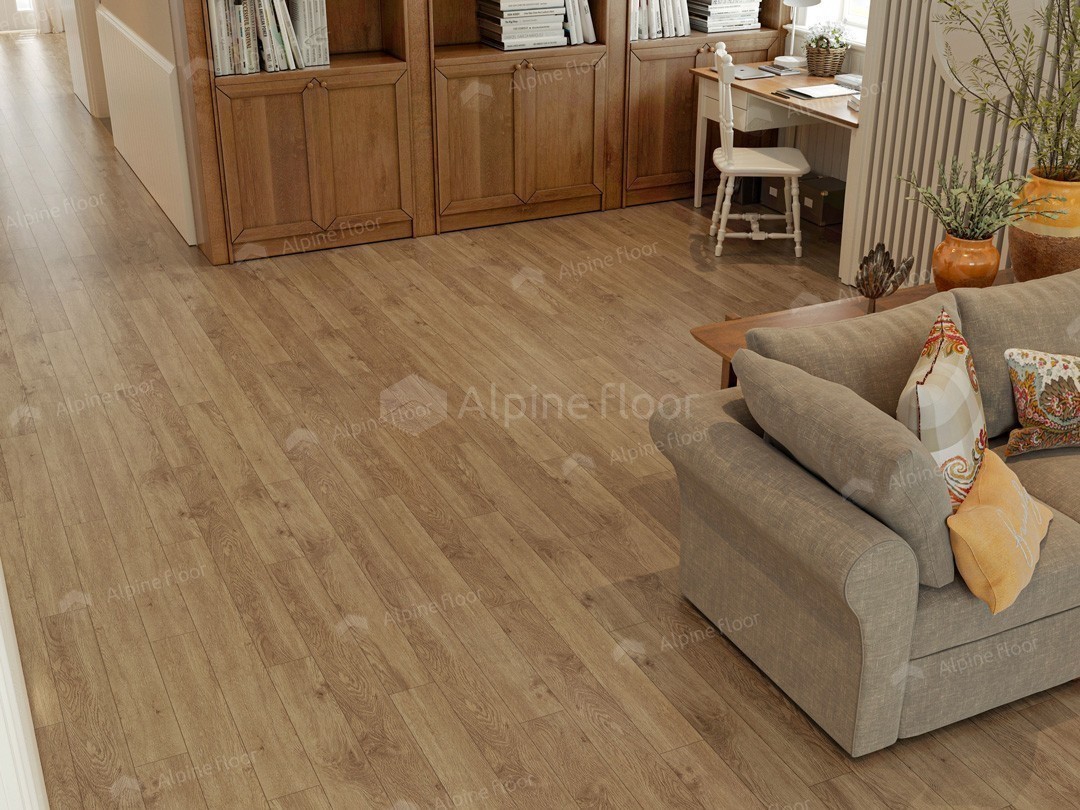 Кварцвиниловый SPC ламинат Alpine Floor Grand Sequoia Village Макадамия ECO 11-1007 1220×125×4 фото в интерьере