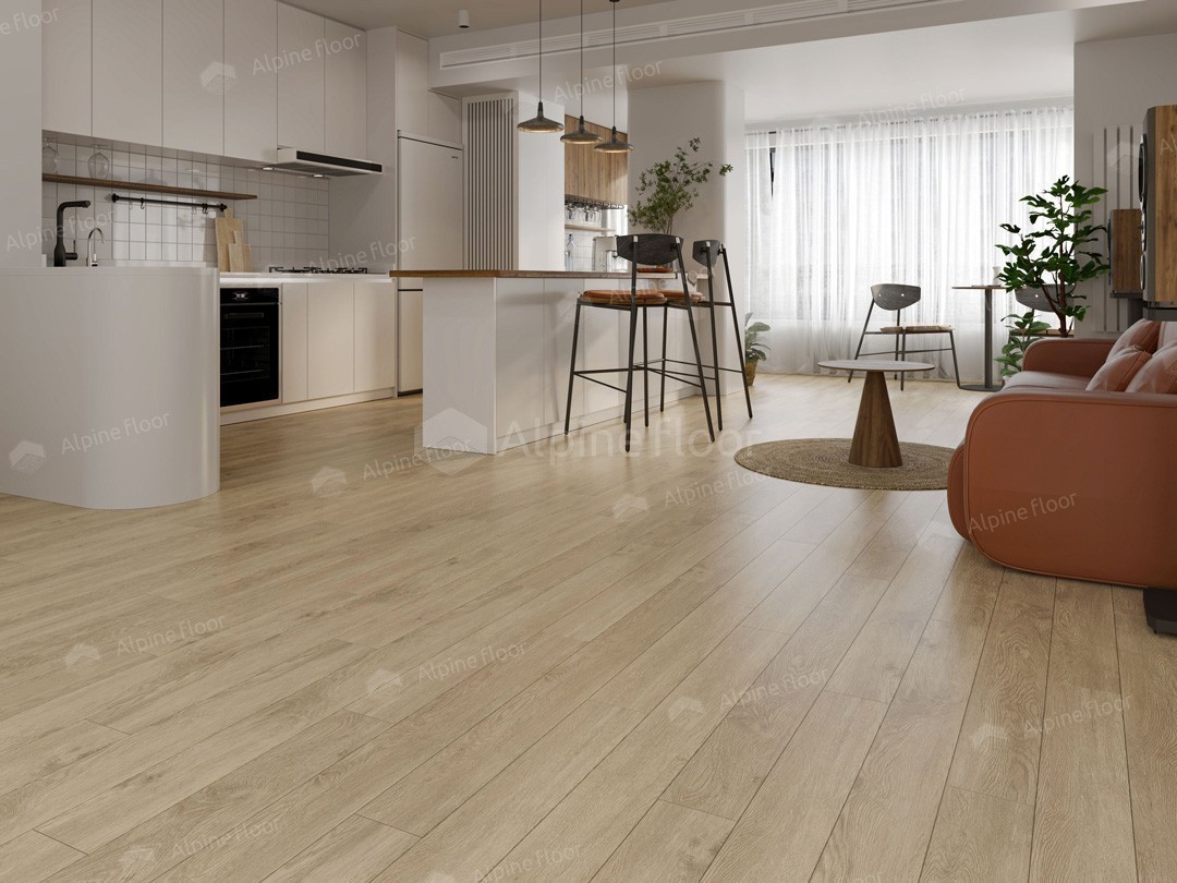 Кварцвиниловый SPC ламинат Alpine Floor Grand Sequoia Village Миндаль ECO 11-607 1220×125×4 фото в интерьере