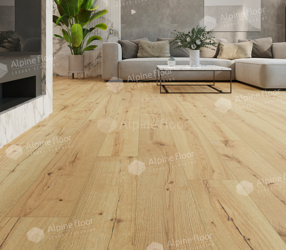 Кварцвиниловый SPC ламинат Alpine Floor ProNature Flushing Bay 61874 1290×203×4 фото в интерьере