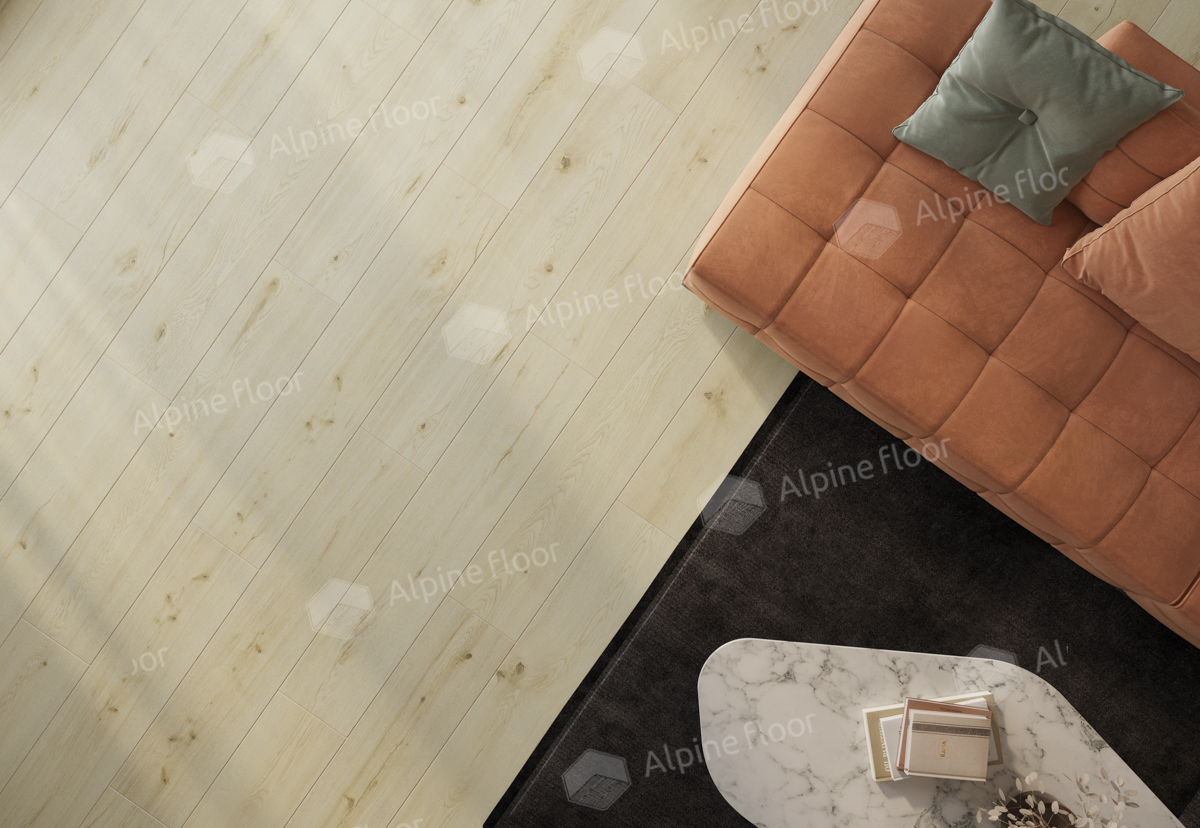 Кварцвиниловый SPC ламинат Alpine Floor ProNature Neiva 62540 1290×246×4 фото в интерьере