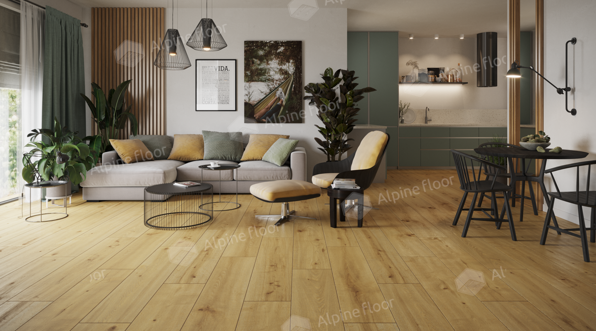 Кварцвиниловый SPC ламинат Alpine Floor ProNature Caldas 62543 1290×246×4 фото в интерьере