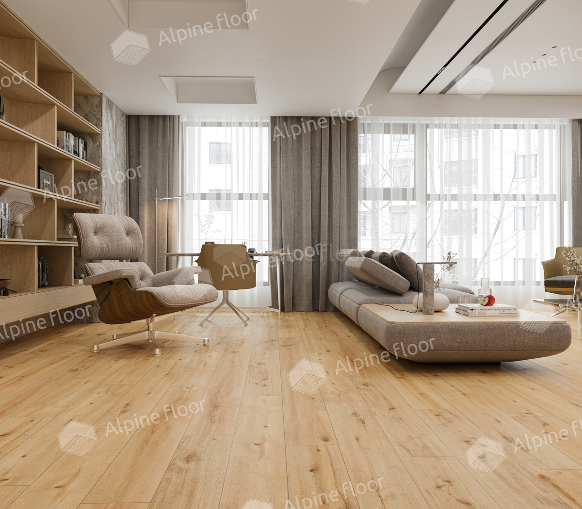 Кварцвиниловый SPC ламинат Alpine Floor ProNature Miranda 62539 1290×246×4 фото в интерьере