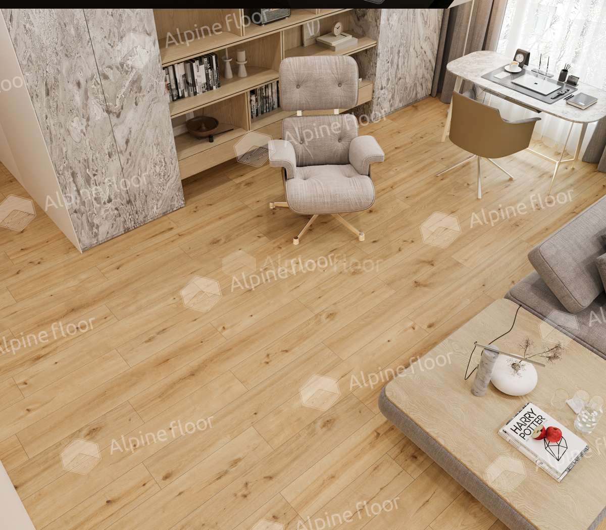 Кварцвиниловый SPC ламинат Alpine Floor ProNature Miranda 62539 1290×246×4 фото в интерьере