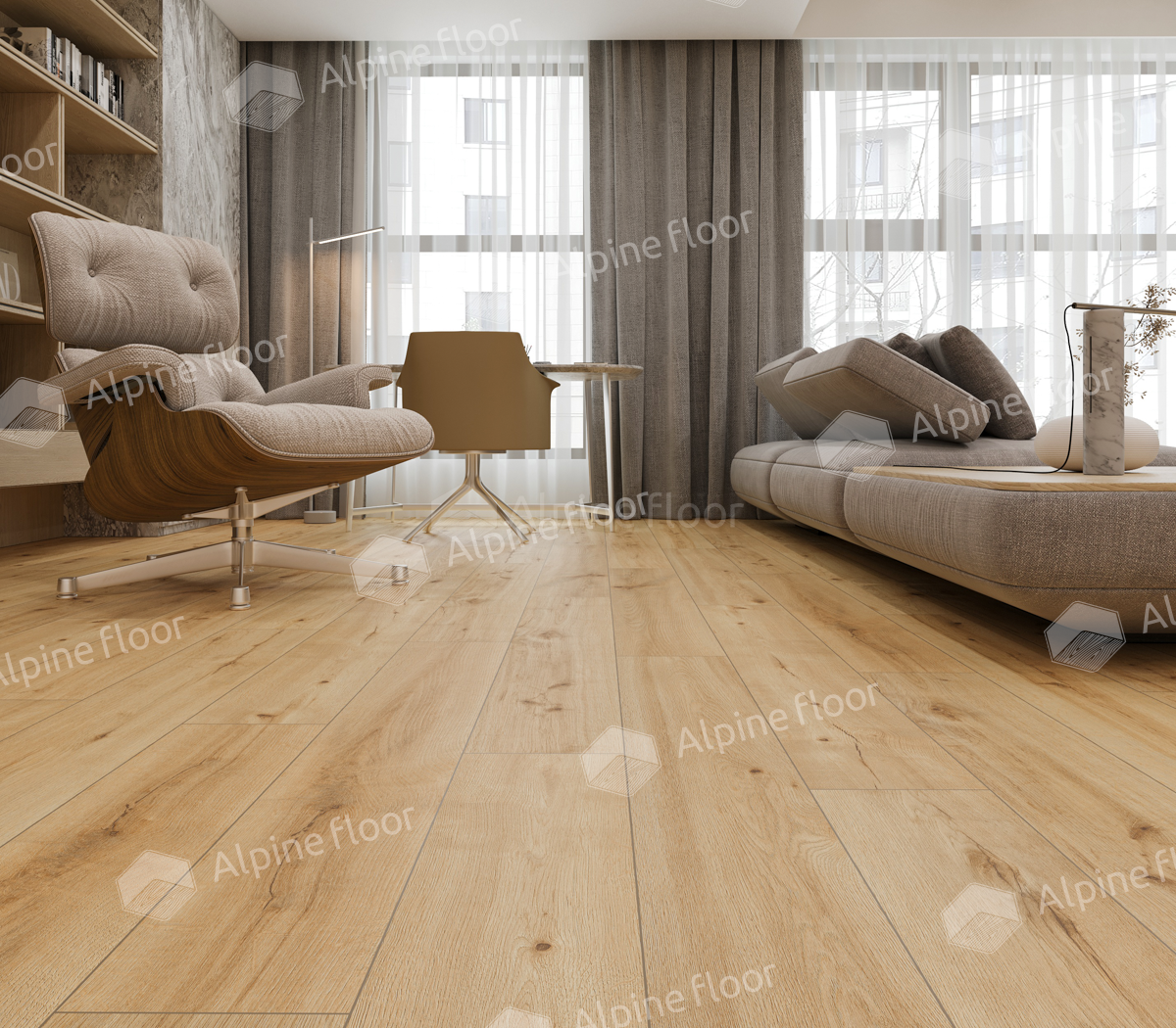 Кварцвиниловый SPC ламинат Alpine Floor ProNature Miranda 62539 1290×246×4 фото в интерьере