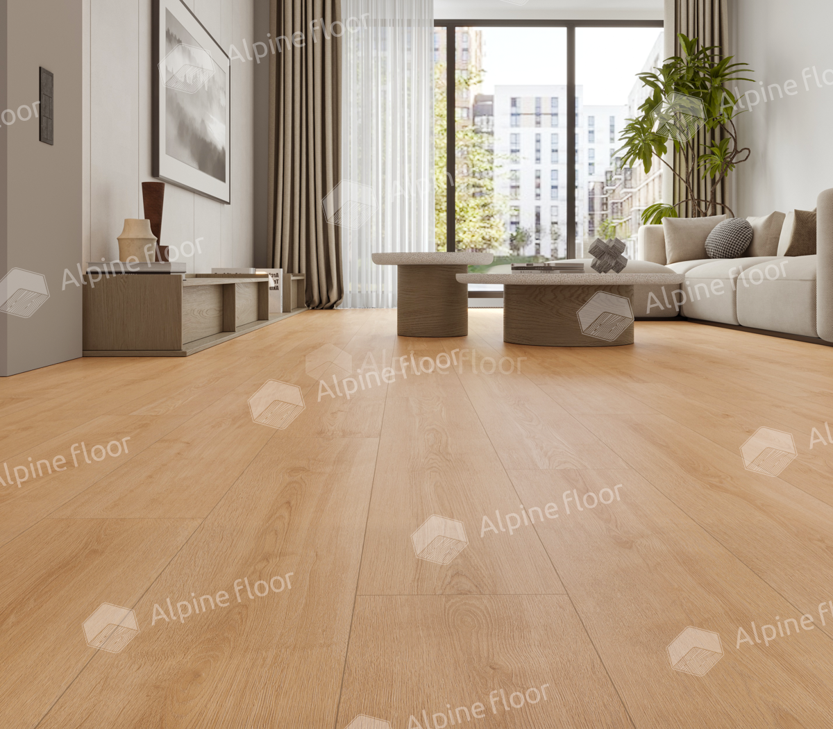 Кварцвиниловый SPC ламинат Alpine Floor ProNature Oak Kisuca 64636 1290×246×4 фото в интерьере
