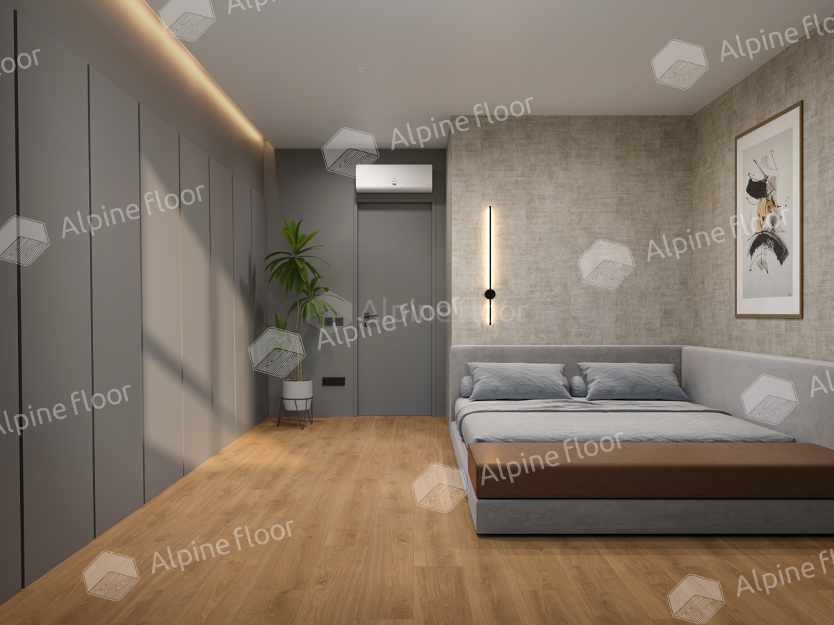 Кварцвиниловый SPC ламинат Alpine Floor ProNature Oak Sajo 64637 1290×246×4 фото в интерьере