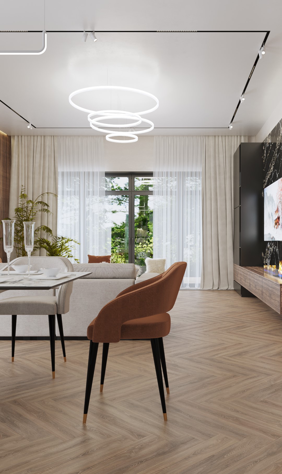 Кварцвиниловый SPC ламинат Vinilam Parquet Herringbone Паркет Монпелье IS11355 венгерская елка 720×120×6,5 фото в интерьере