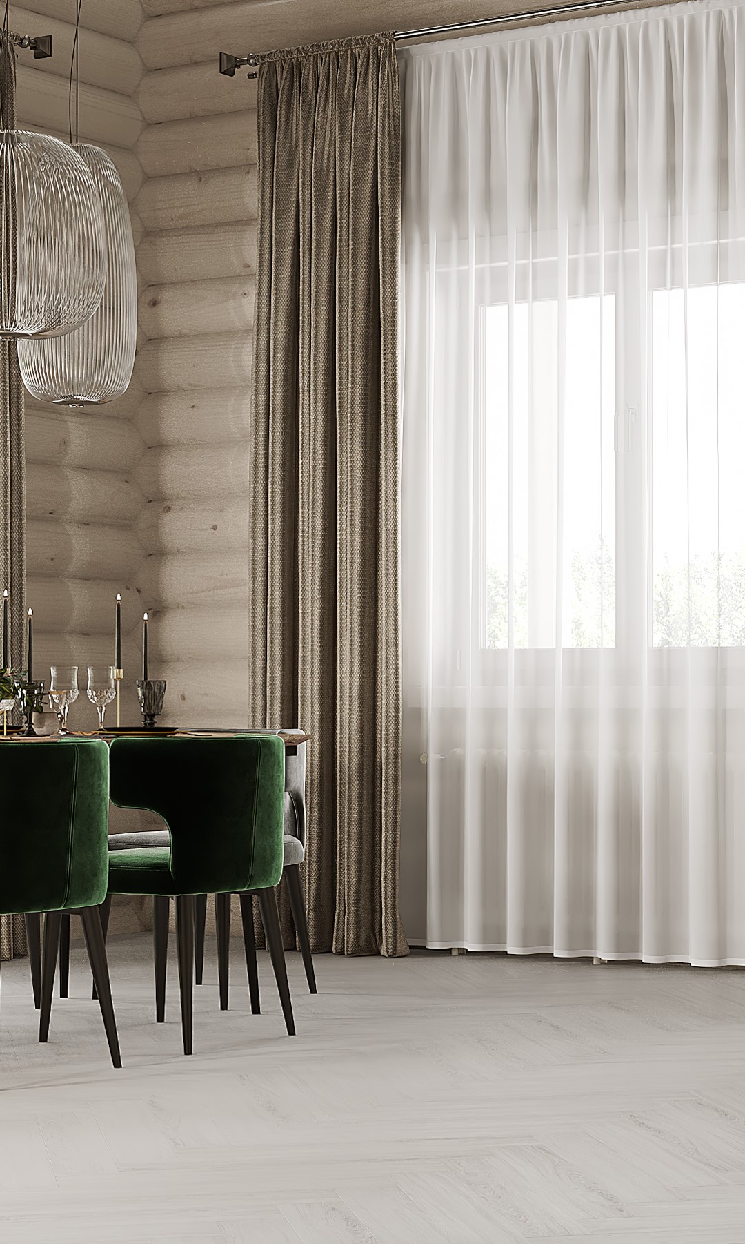 Кварцвиниловый SPC ламинат Vinilam Parquet Herringbone Паркет Санторини IS11366 венгерская елка 720×120×6,5 фото в интерьере