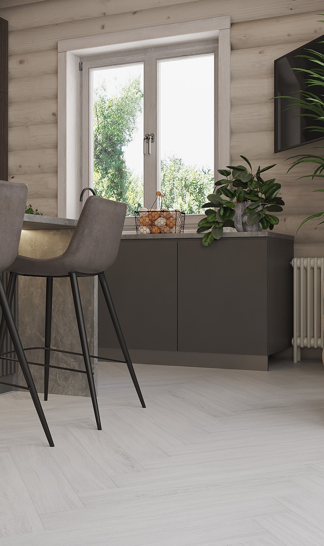 Кварцвиниловый SPC ламинат Vinilam Parquet Herringbone Паркет Санторини IS11366 венгерская елка 720×120×6,5 фото в интерьере