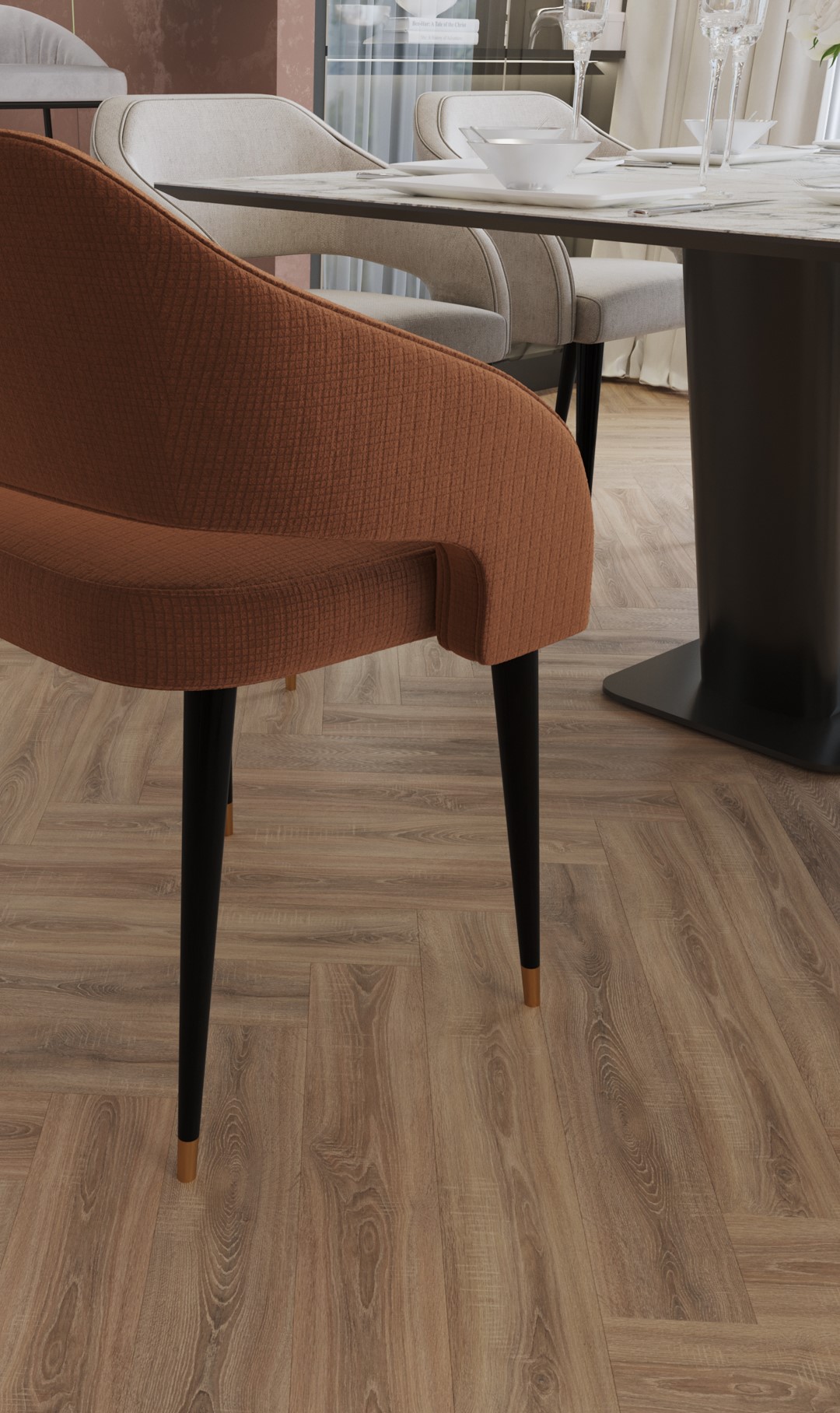 Кварцвиниловая плитка Vinilam клеевая Parquet Herringbone Glue Паркет Монпелье GD11355 венгерская елка 762×152,4×2,5 фото в интерьере