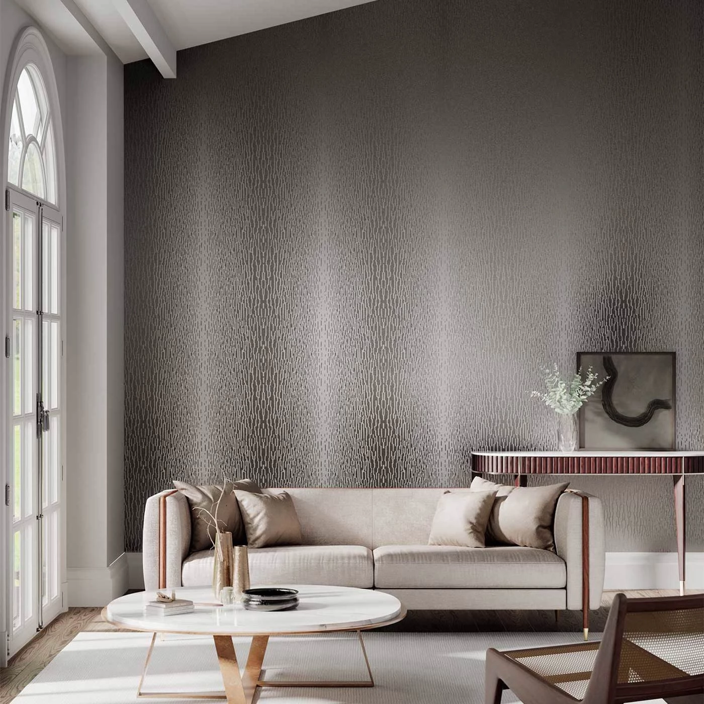 Обои Harlequin Colour 1 Enigma Silver Grey And Sparkle 110101 10,05×0,52 фото в интерьере
