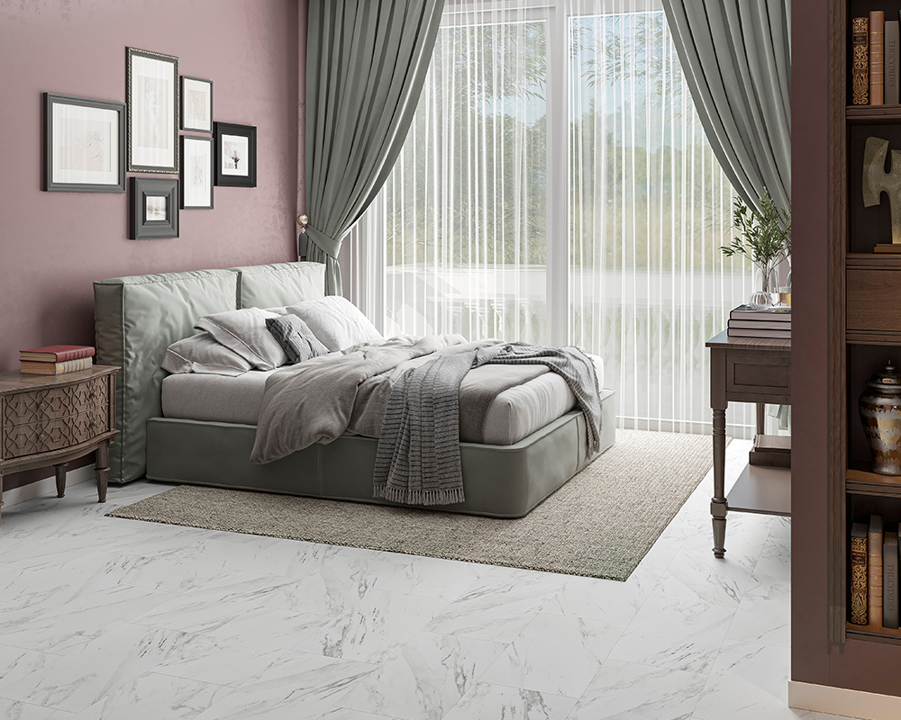 Кварцвиниловый SPC ламинат Alta Step Arriba Мрамор Белый SPC9905 610×305×5,3 фото в интерьере