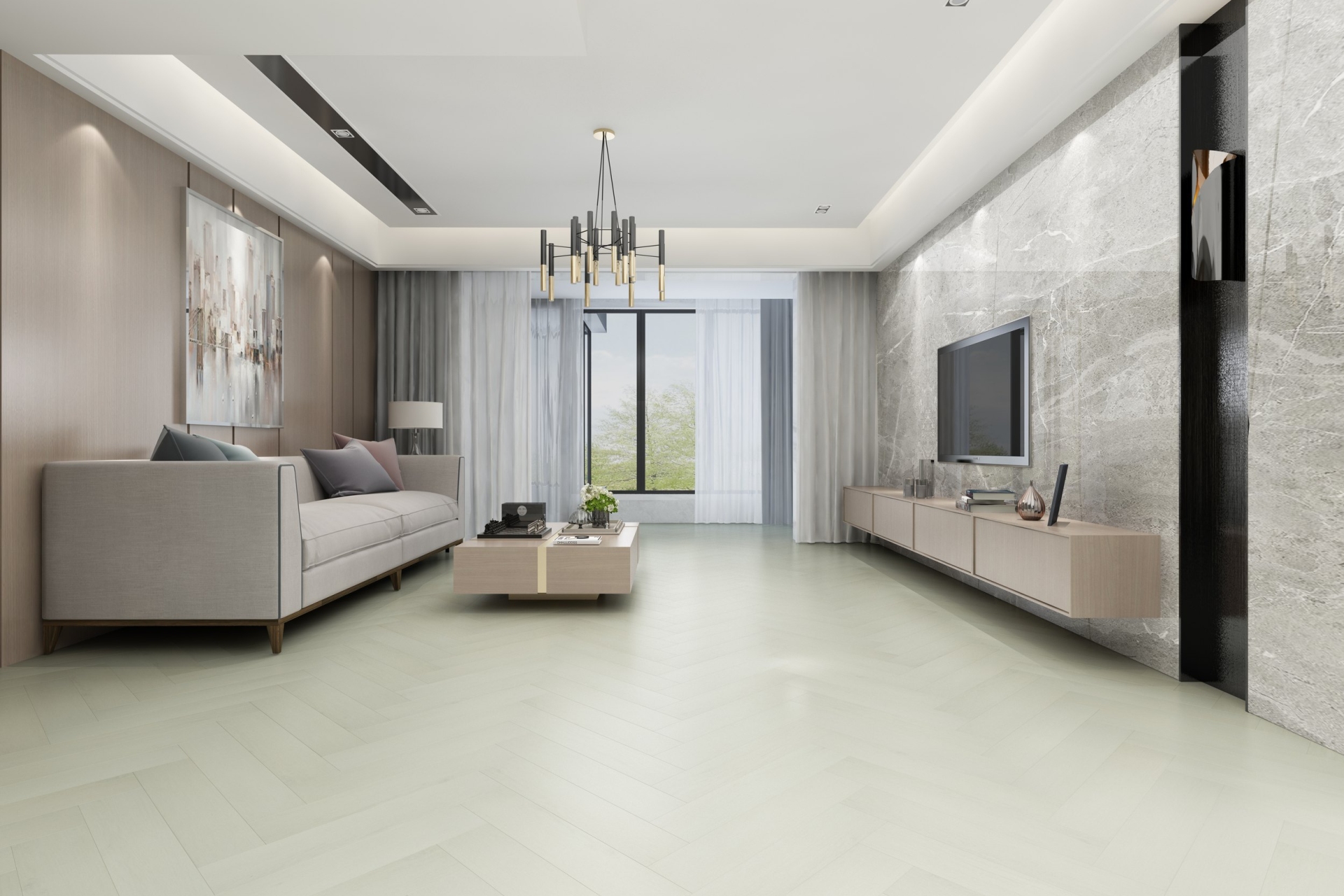 Кварцвиниловая плитка Damy Floor клеевая London LVT Кардифф 191023EL-05-LVT венгерская елка 590×118×2,5 фото в интерьере