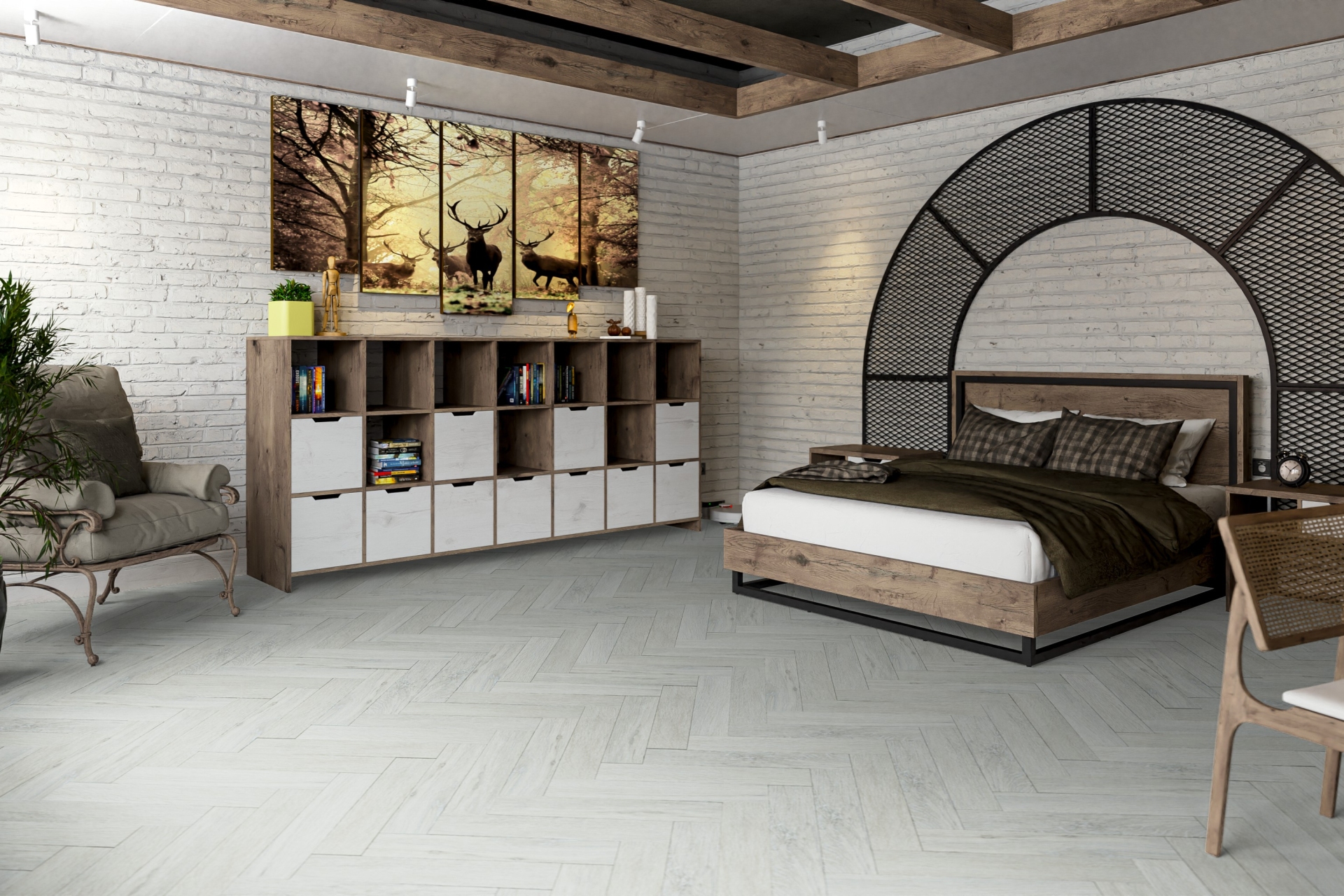 Кварцвиниловая плитка Damy Floor клеевая London LVT Кардифф 191023EL-05-LVT венгерская елка 590×118×2,5 фото в интерьере