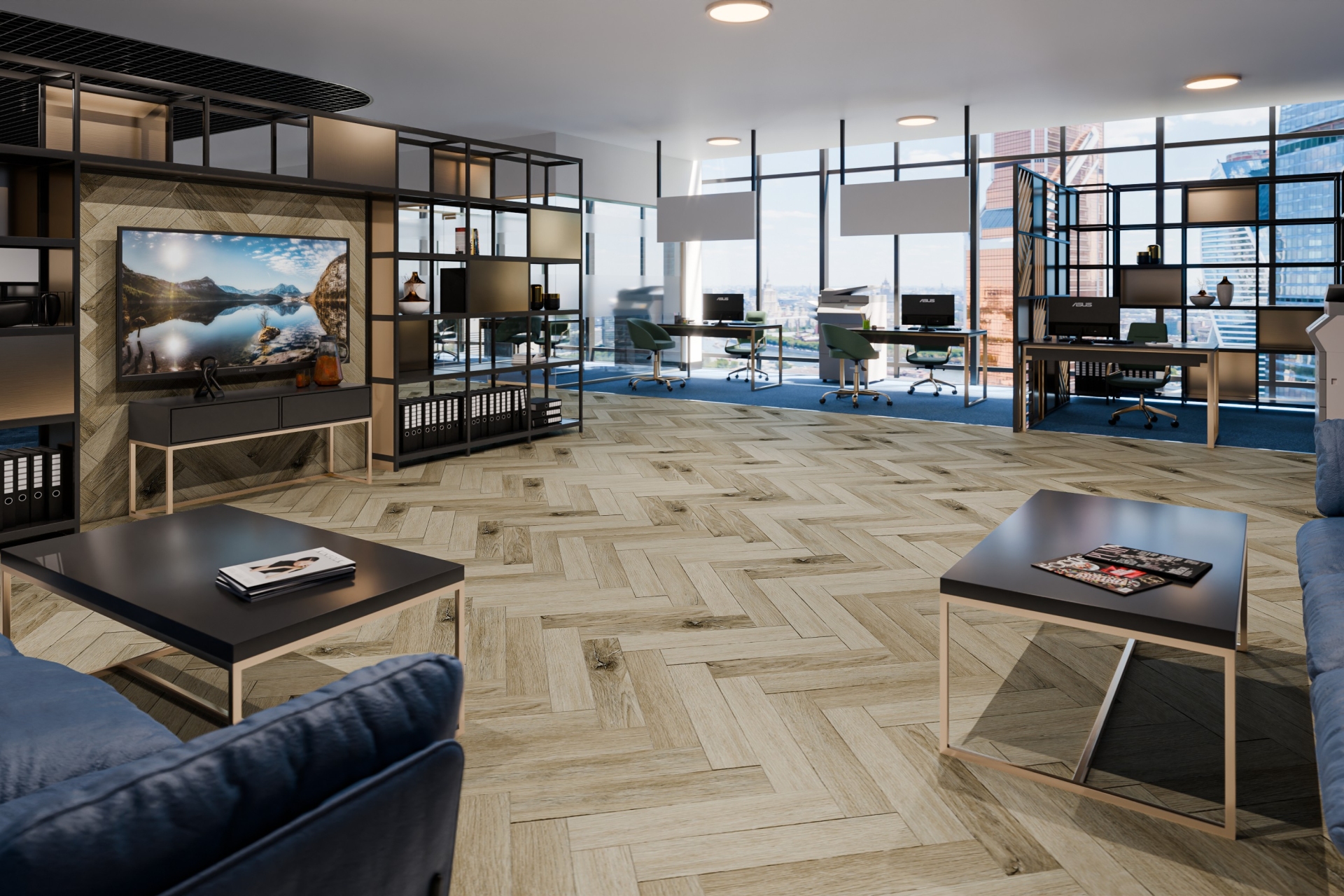 Кварцвиниловая плитка Damy Floor клеевая London LVT Честер 200415EL-01-LVT венгерская елка 590×118×2,5 фото в интерьере