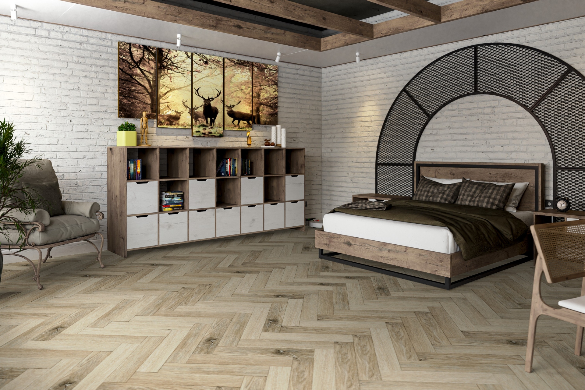 Кварцвиниловая плитка Damy Floor клеевая London LVT Честер 200415EL-01-LVT венгерская елка 590×118×2,5 фото в интерьере