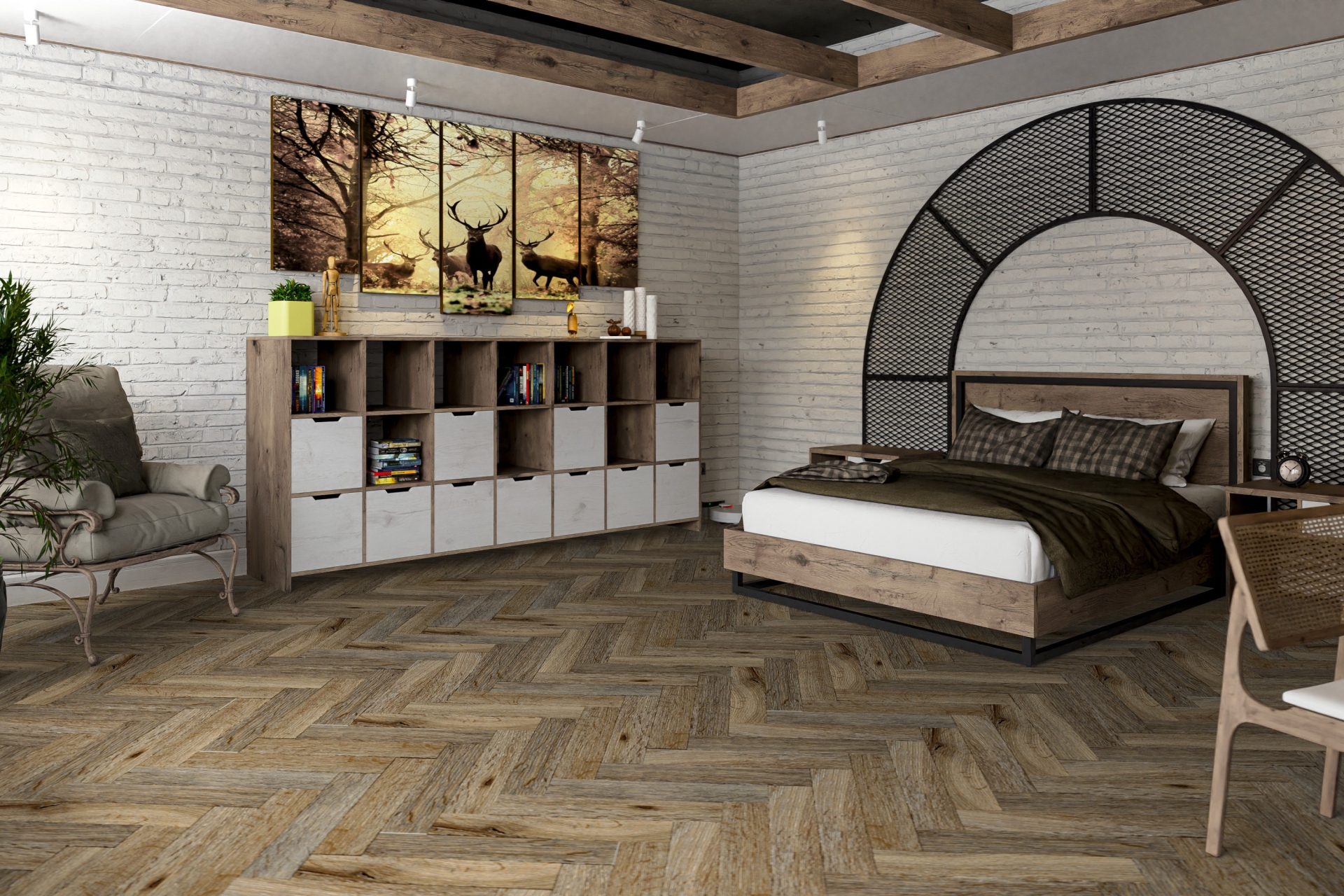 Кварцвиниловая плитка Damy Floor клеевая London LVT Ковентри 190707EL-01-LVT венгерская елка 590×118×2,5 фото в интерьере
