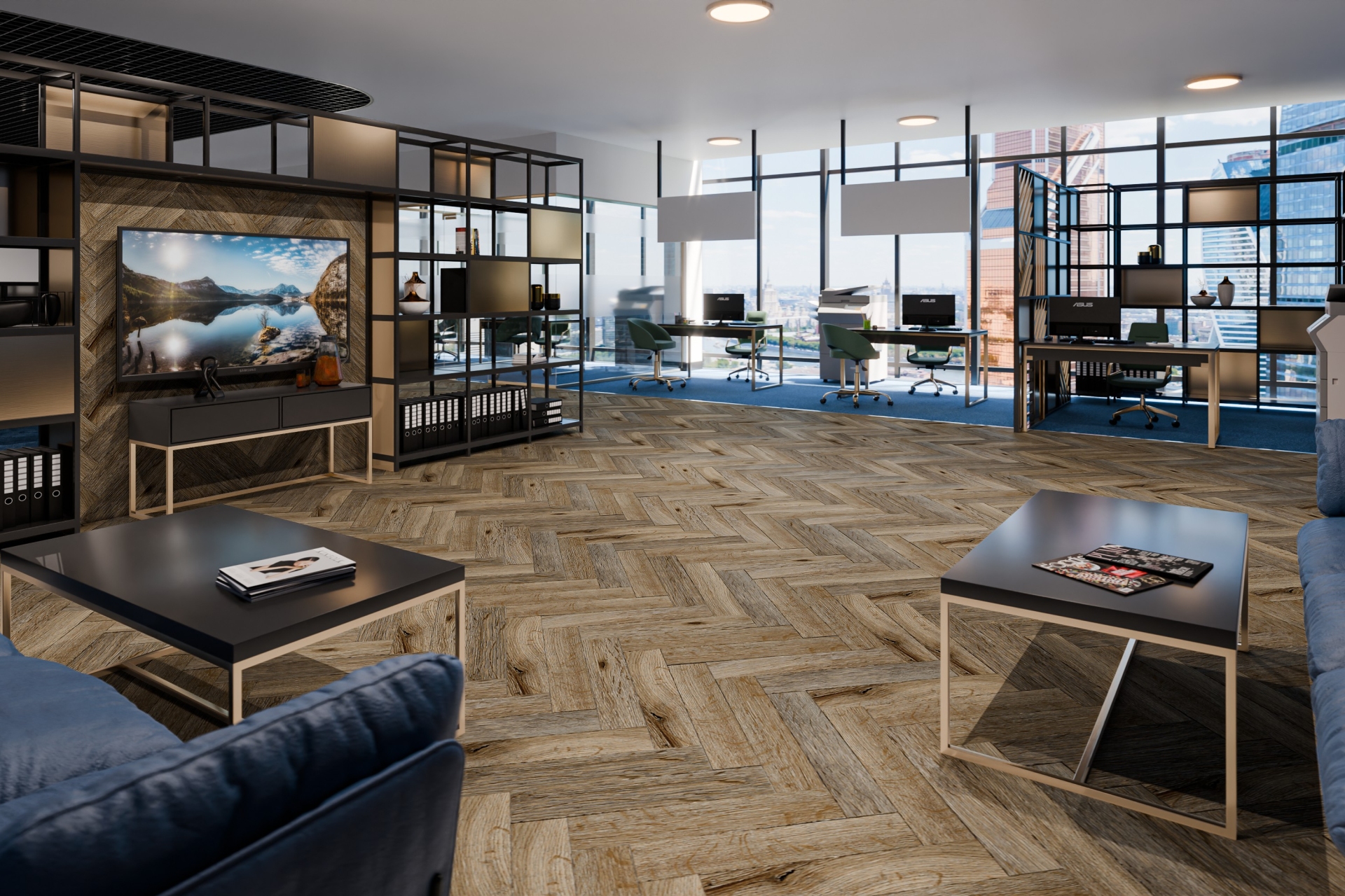 Кварцвиниловая плитка Damy Floor клеевая London LVT Ковентри 190707EL-01-LVT венгерская елка 590×118×2,5 фото в интерьере
