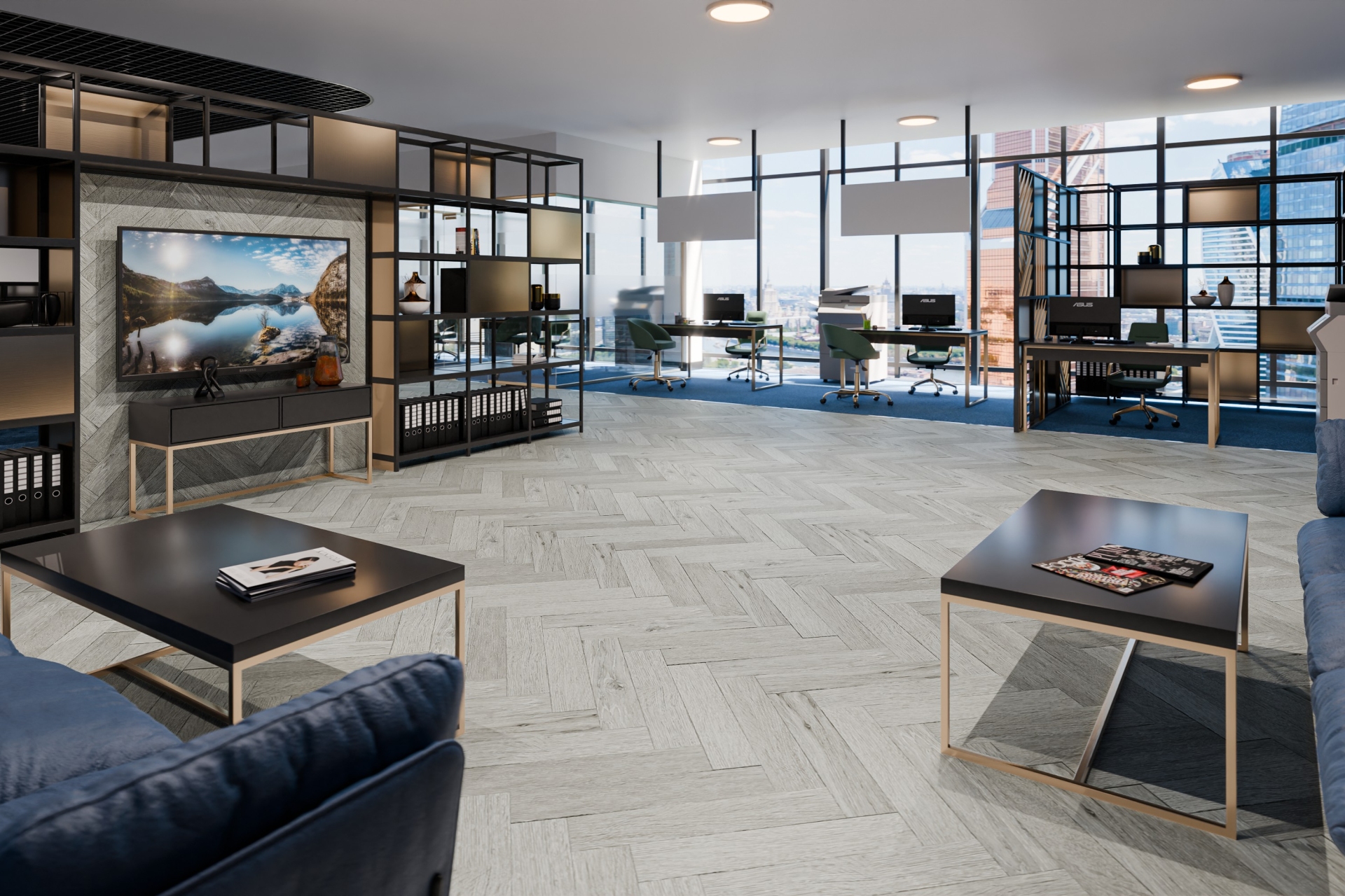 Кварцвиниловая плитка Damy Floor клеевая London LVT Йорк 191023EL-04-LVT венгерская елка 590×118×2,5 фото в интерьере