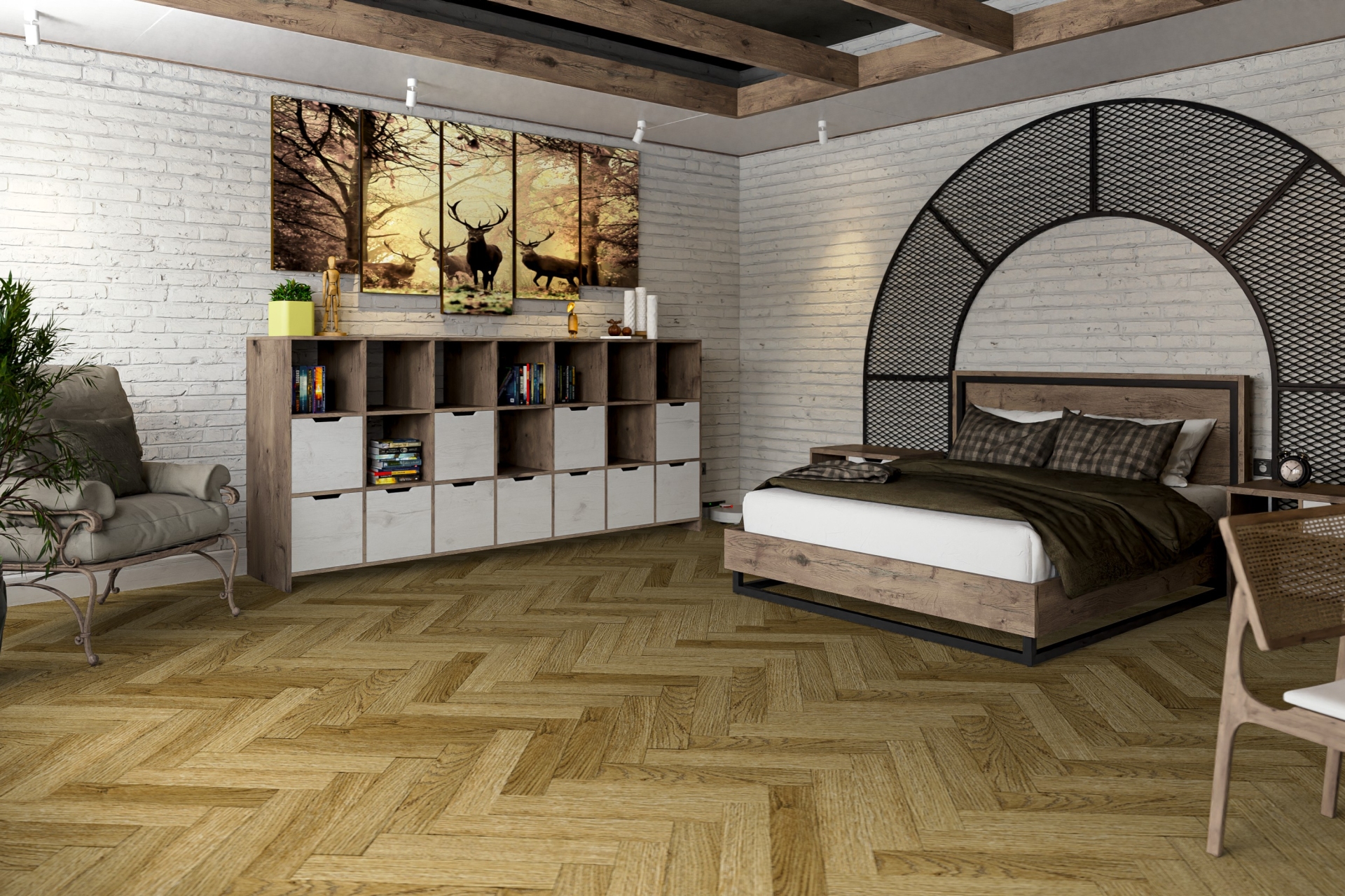 Кварцвиниловая плитка Damy Floor клеевая London LVT Шеффилд 190902EL-07-LVT венгерская елка 590×118×2,5 фото в интерьере