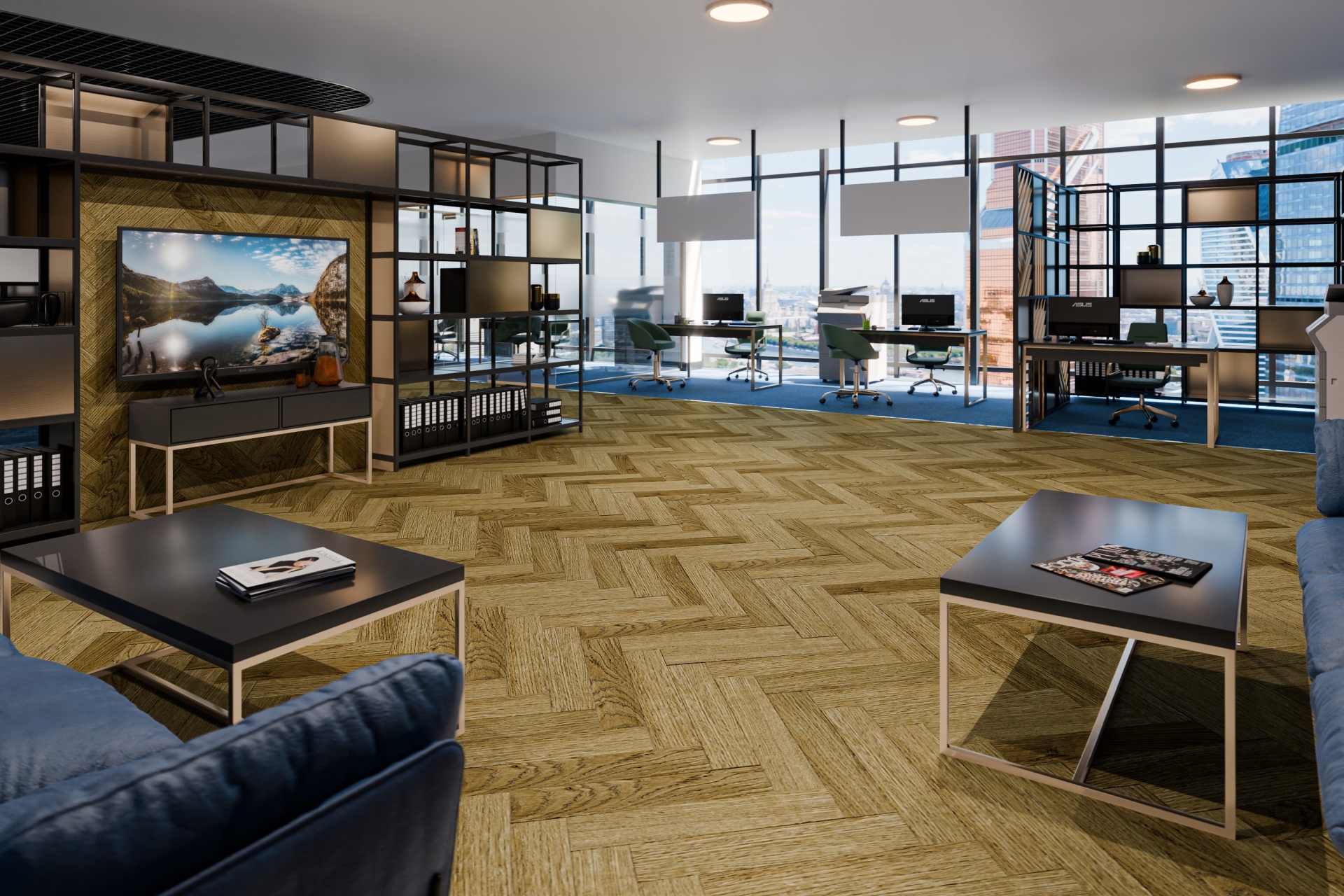 Кварцвиниловая плитка Damy Floor клеевая London LVT Шеффилд 190902EL-07-LVT венгерская елка 590×118×2,5 фото в интерьере