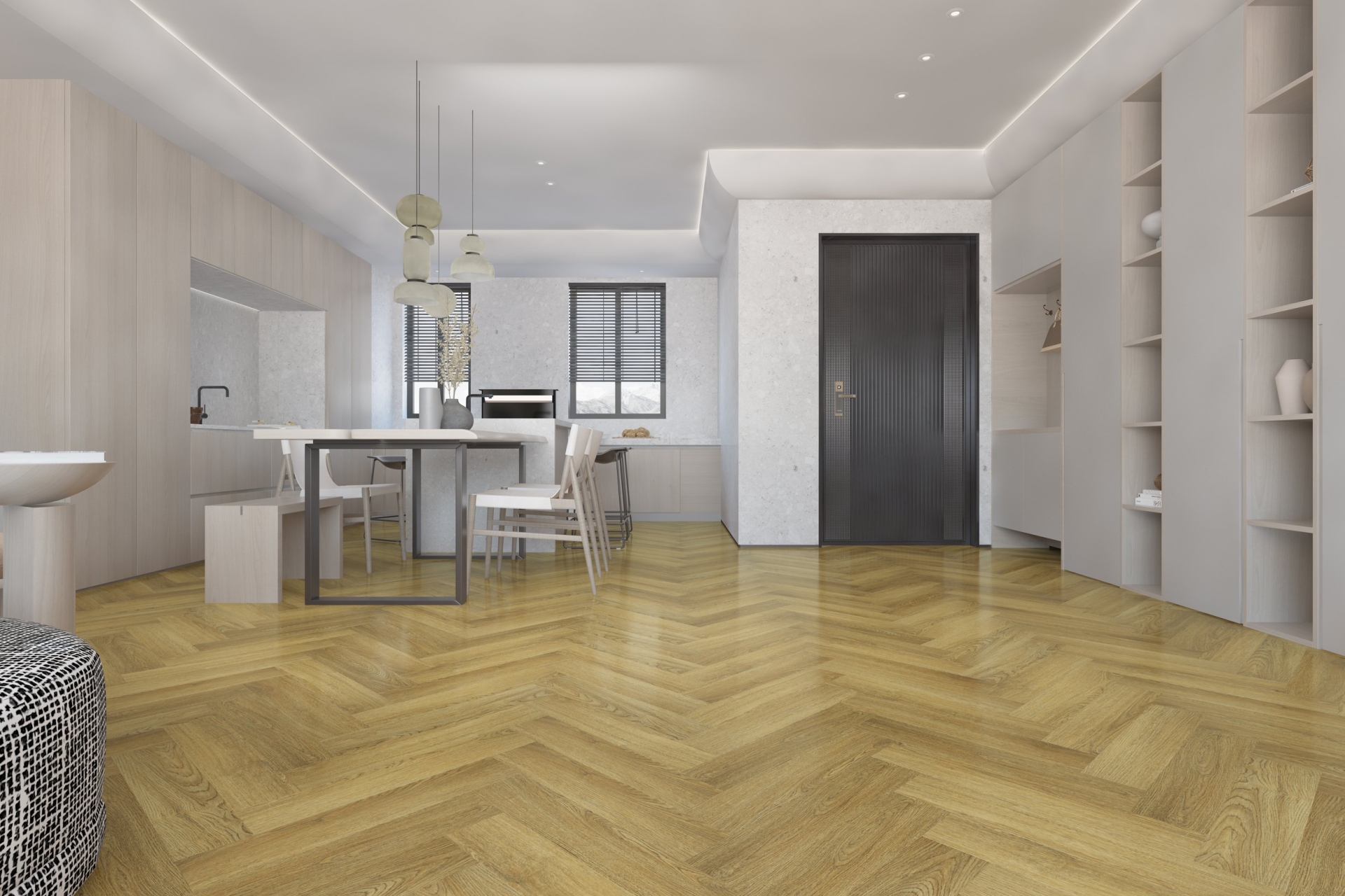 Кварцвиниловая плитка Damy Floor клеевая London LVT Шеффилд 190902EL-07-LVT венгерская елка 590×118×2,5 фото в интерьере