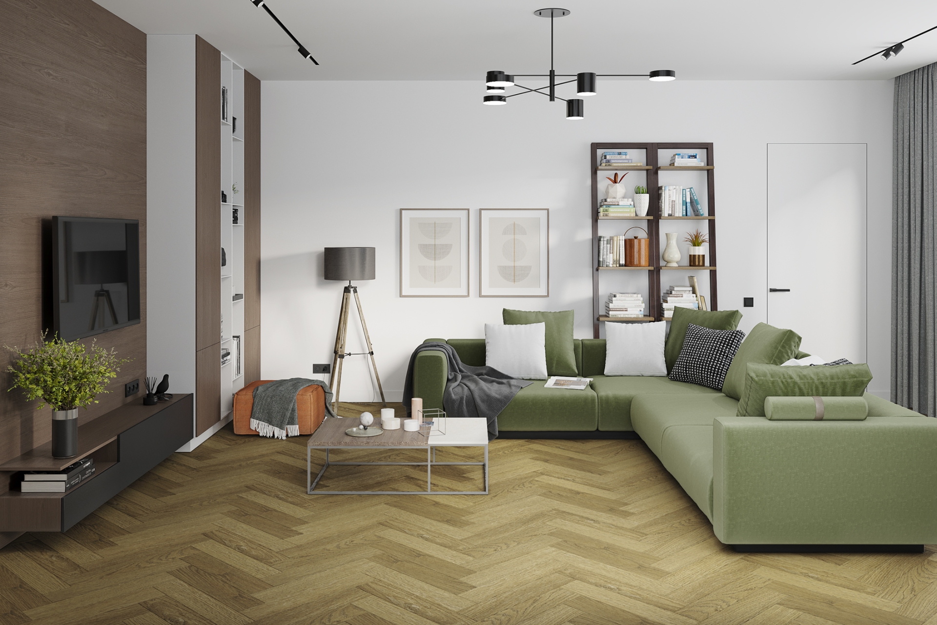 Кварцвиниловая плитка Damy Floor клеевая London LVT Шеффилд 190902EL-07-LVT венгерская елка 590×118×2,5 фото в интерьере