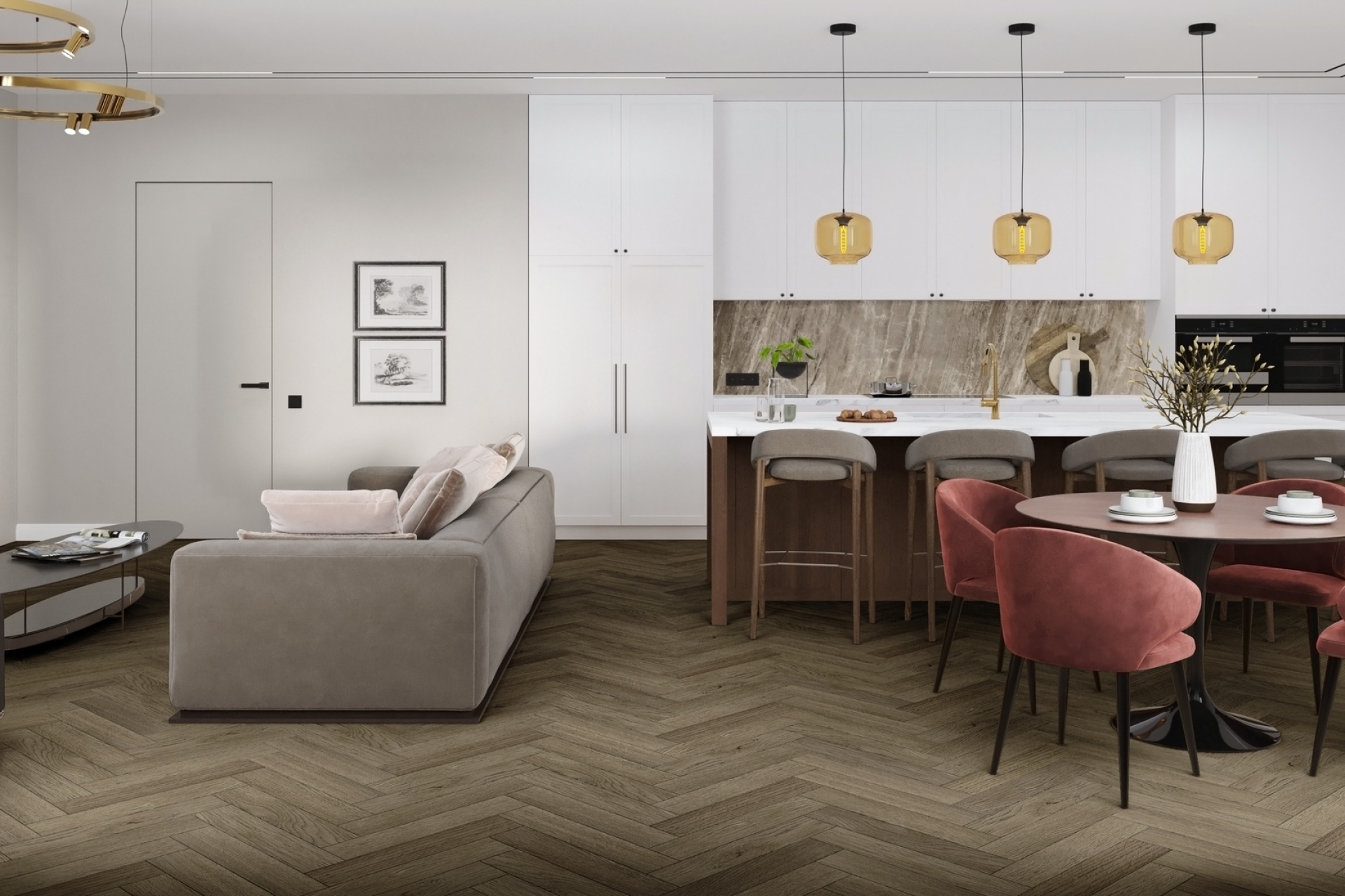 Кварцвиниловая плитка Damy Floor клеевая London LVT Оксфорд 200410EL-12-LVT венгерская елка 590×118×2,5 фото в интерьере
