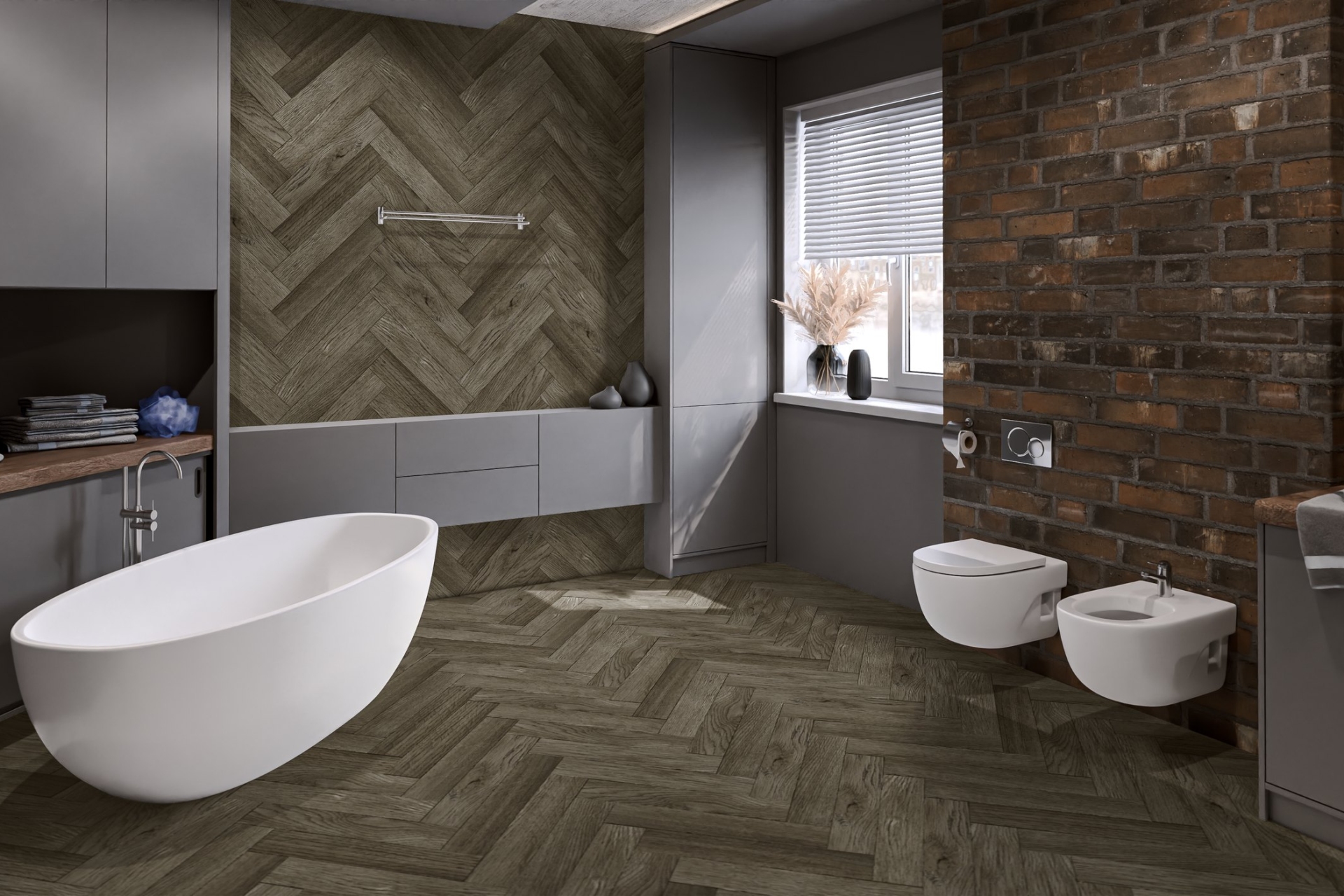 Кварцвиниловая плитка Damy Floor клеевая London LVT Оксфорд 200410EL-12-LVT венгерская елка 590×118×2,5 фото в интерьере