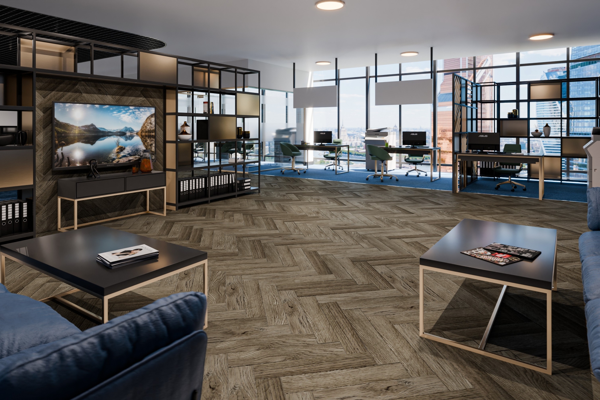 Кварцвиниловая плитка Damy Floor клеевая London LVT Оксфорд 200410EL-12-LVT венгерская елка 590×118×2,5 фото в интерьере