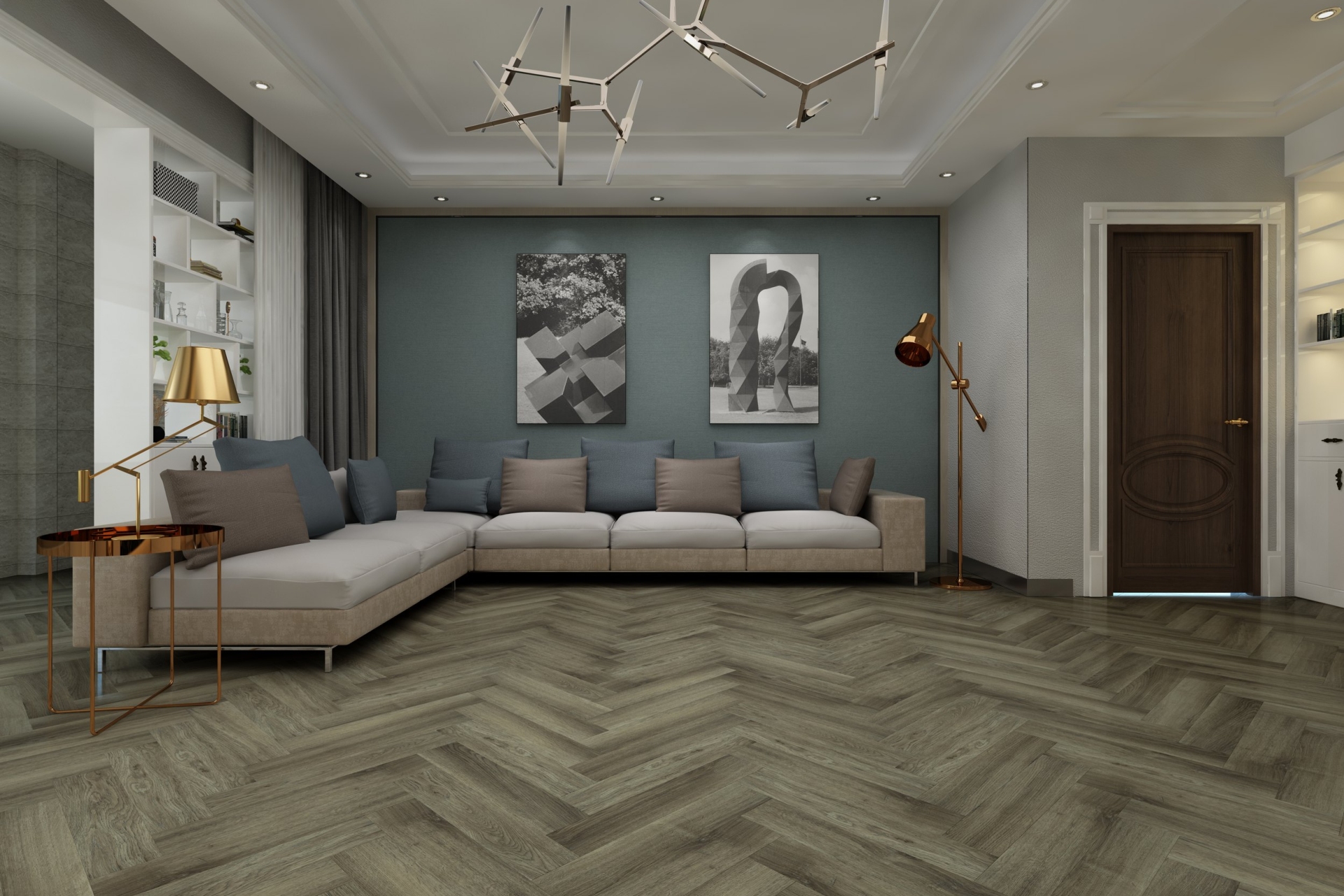 Кварцвиниловая плитка Damy Floor клеевая London LVT Оксфорд 200410EL-12-LVT венгерская елка 590×118×2,5 фото в интерьере