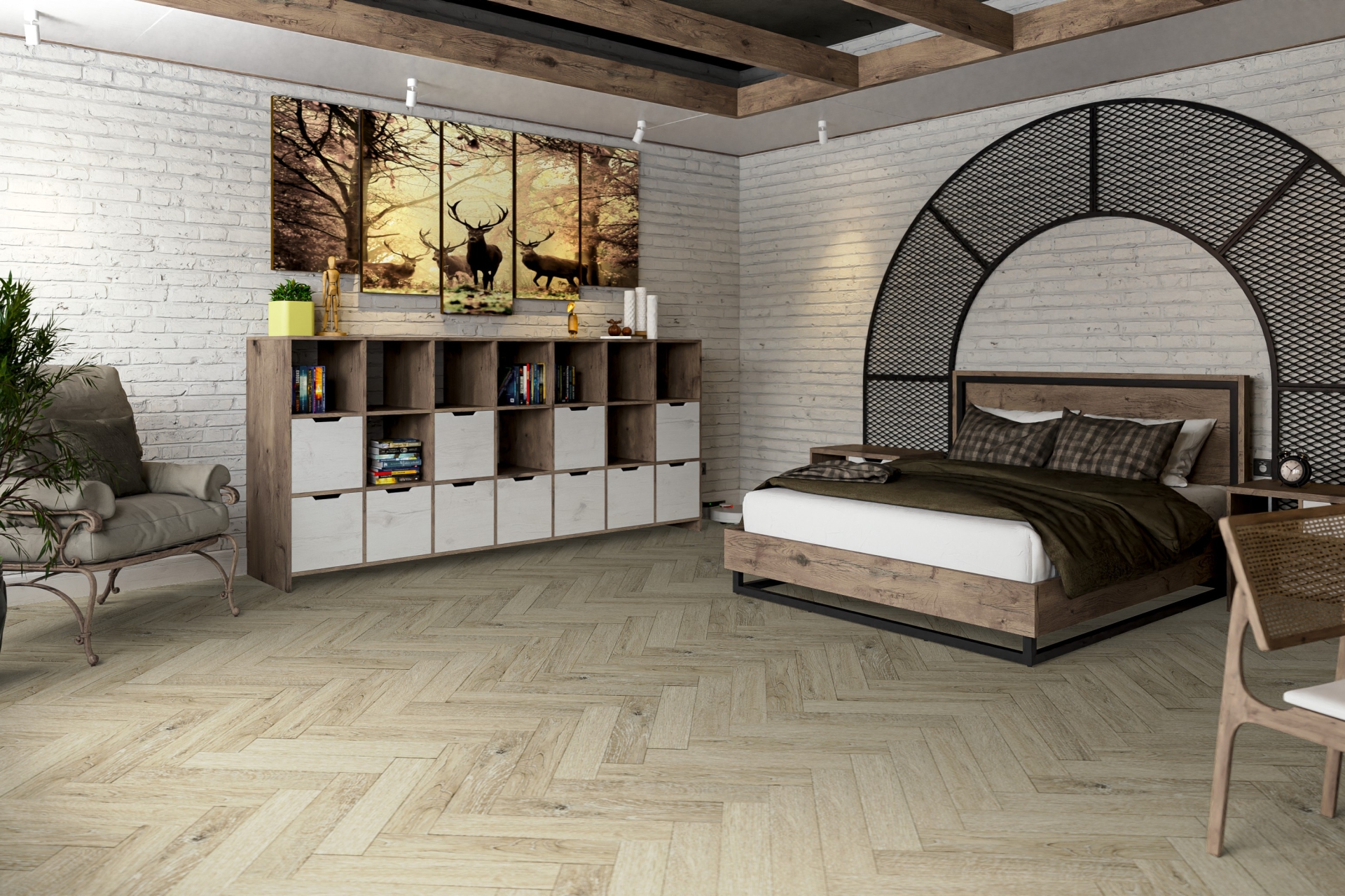 Кварцвиниловая плитка Damy Floor клеевая London LVT Бристоль 191023EL-02-LVT венгерская елка 590×118×2,5 фото в интерьере