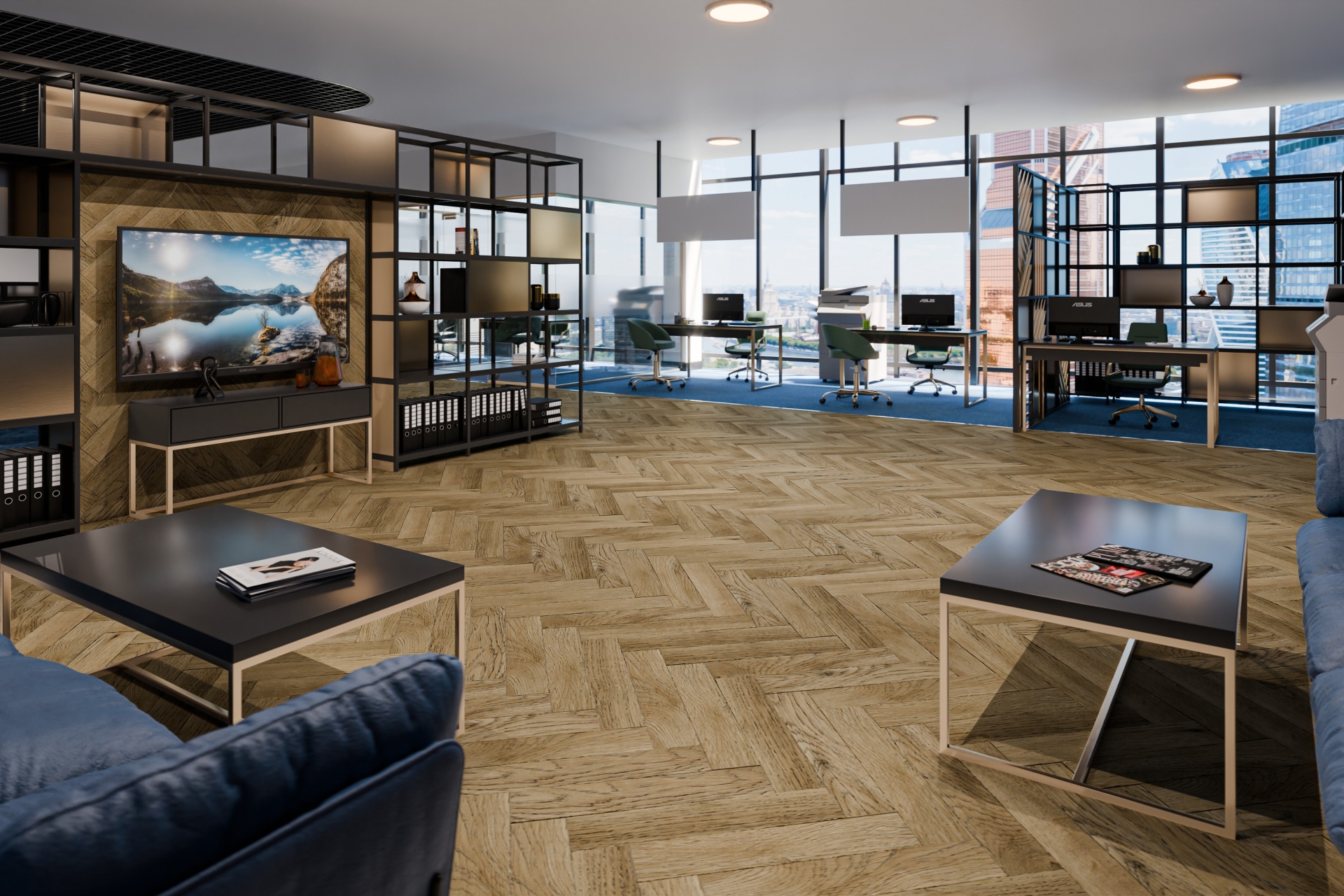 Кварцвиниловая плитка Damy Floor клеевая London LVT Кембридж 200410EL-01-LVT венгерская елка 590×118×2,5 фото в интерьере