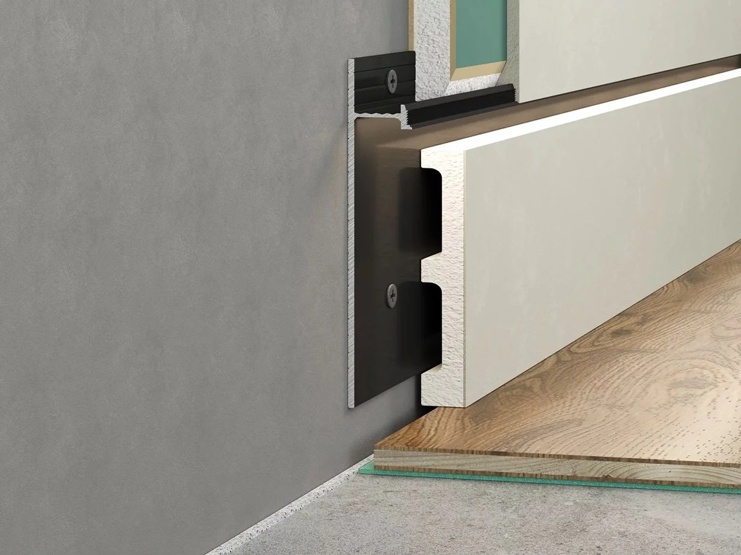 Плинтус алюминиевый скрытый с подсветкой Laconistiq Strong Черный муар RAL 9005 42-31-300 3000×80×13,1 Плинтус алюминиевый скрытый с подсветкой Laconistiq Strong Черный муар RAL 9005 42-31-300 3000×80×13,1