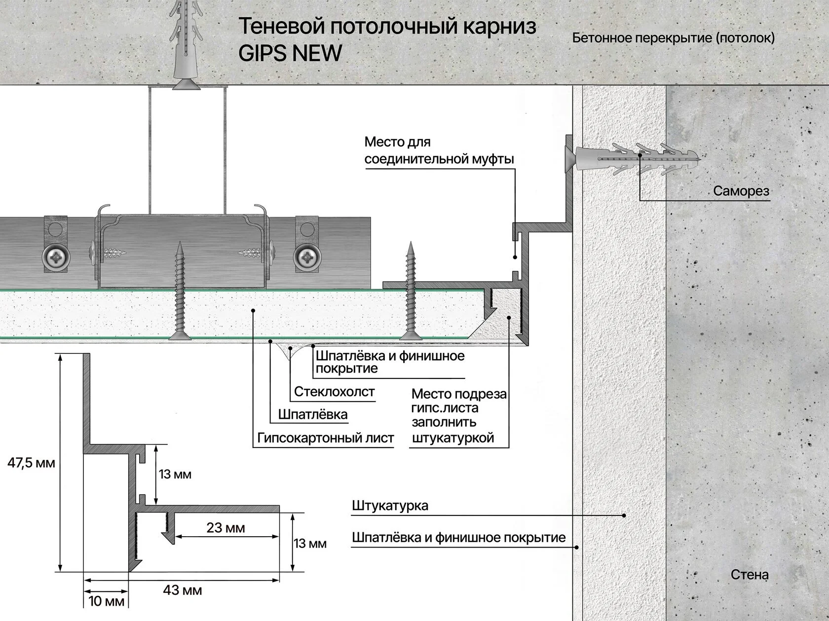 Профиль алюминиевый теневой Laconistiq Gips Regular Черный муар RAL 9005 53-31-300 3000×47,5×43 Профиль алюминиевый теневой Laconistiq Gips Regular Черный муар RAL 9005 53-31-300 3000×47,5×43