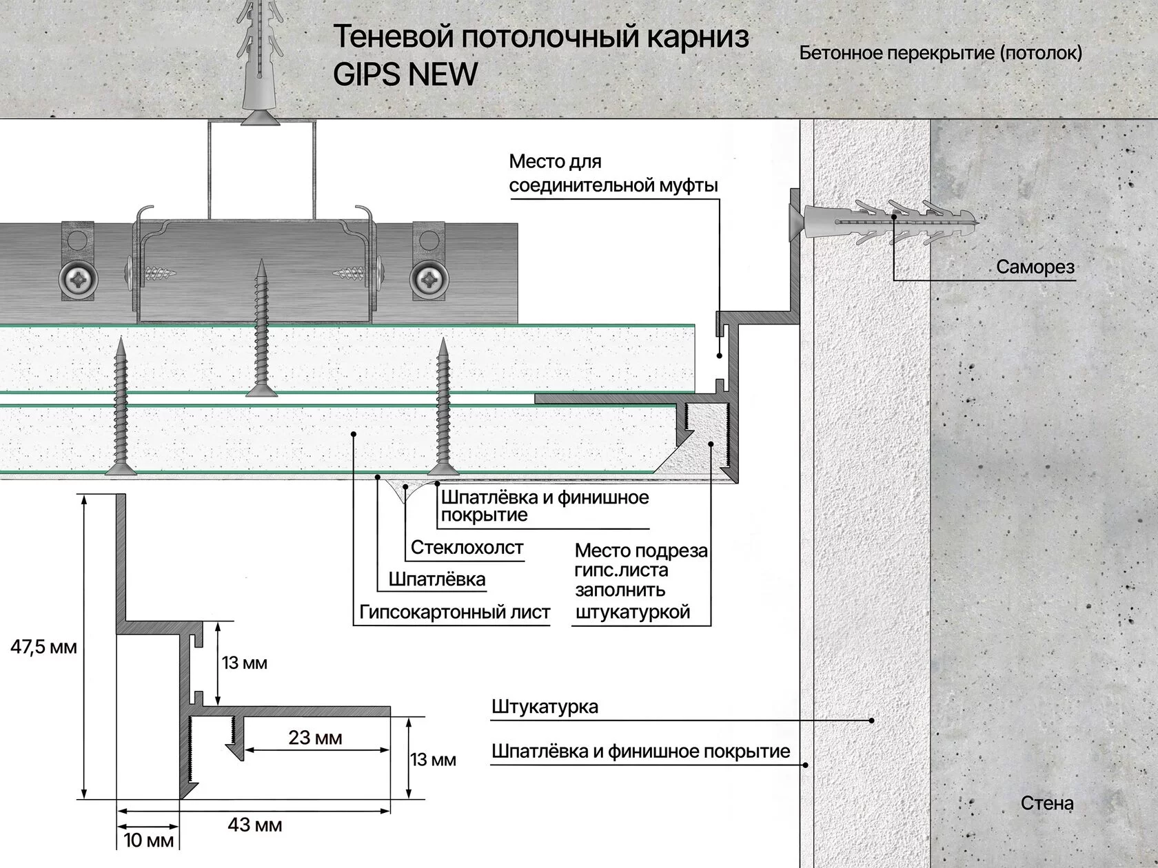 Профиль алюминиевый теневой Laconistiq Gips Regular Черный муар RAL 9005 53-31-300 3000×47,5×43 Профиль алюминиевый теневой Laconistiq Gips Regular Черный муар RAL 9005 53-31-300 3000×47,5×43
