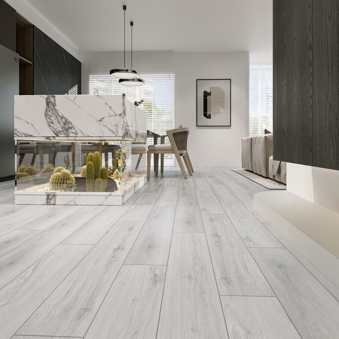 Кварцвиниловый SPC ламинат Evofloor Home Oak Grey Дуб Серый L-20347 1220×183×4 фото в интерьере