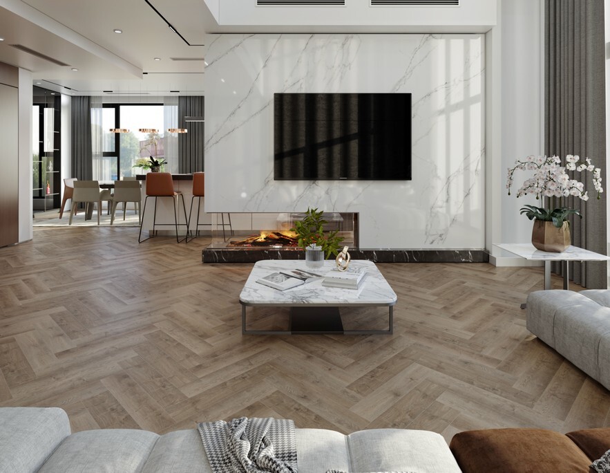 Кварцвиниловый SPC ламинат Evofloor Parguet Click Chestnut Каштан HP 0271 венгерская елка 600×125×4 фото в интерьере